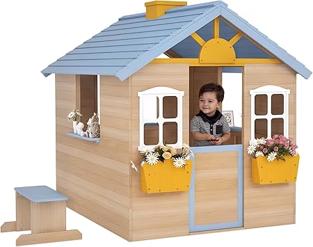 Outsunny Outdoor Playhouse, Wooden Kids Playhouse with Working Door, Windows, Bench, Service Station, Flower Pot Holder, Cottage Play House for 3-7 Years Old Pretend Play, Blue