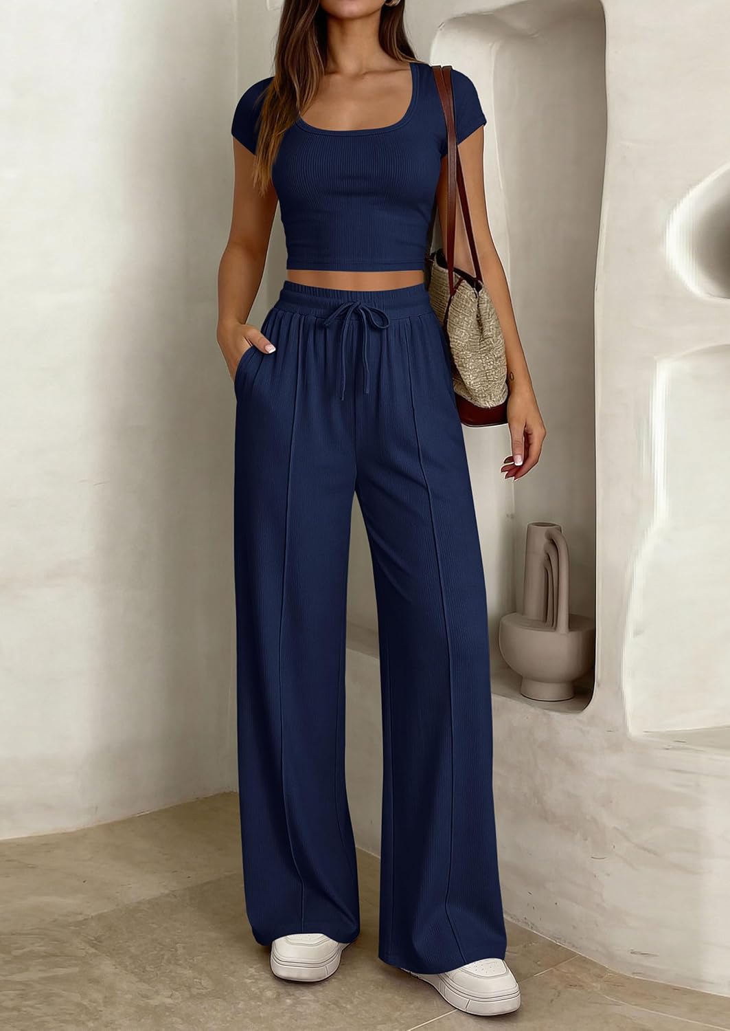 PRETTYGARDEN Women's 2 Piece Matching Lounge Sets Ribbed Short Sleeve Crop Tops Wide Leg Pants 2026 Summer Airport Outfits - Image 2