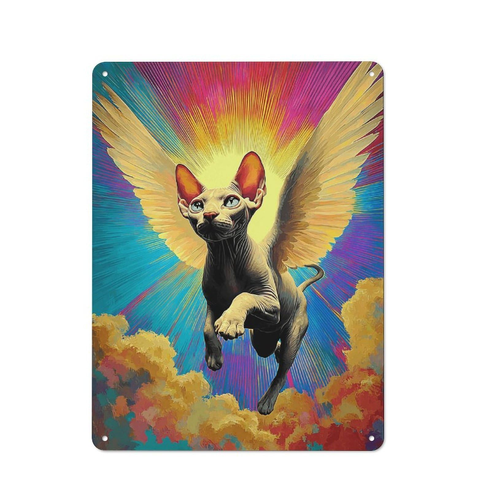 Classic Metal Plaque 40x30cm Featuring Angel Cat in Vibrant Sky, Bistro Wall Plaque for Kitchen, Cafe, Pantry Or Dining Room