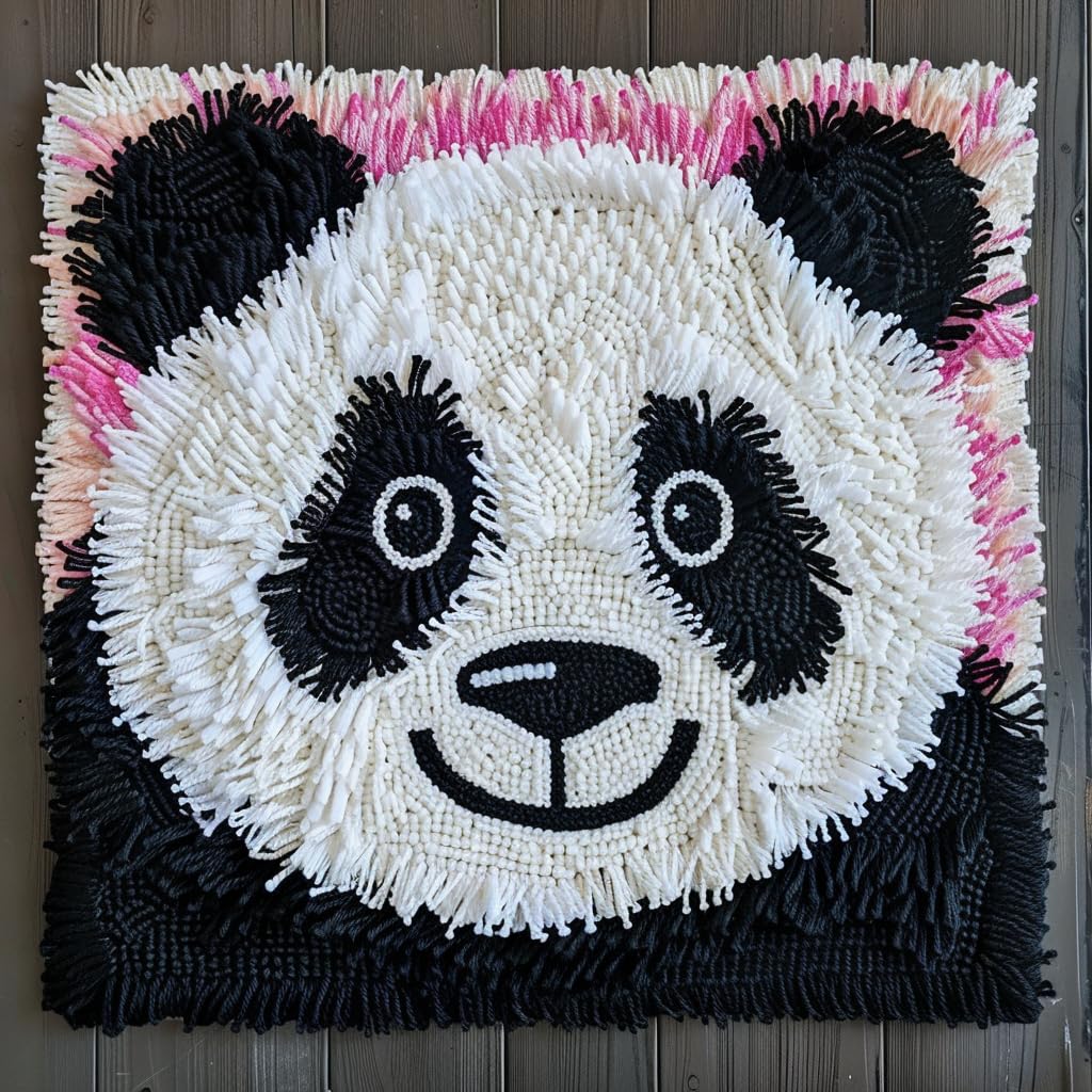 Cartoon Panda Latch Hook Rug Kits for Kids Beginner Easy Little Tapestry DIY Hook and Latch Mat Needlework Crochet Yarn Color Printed 30x30cm
