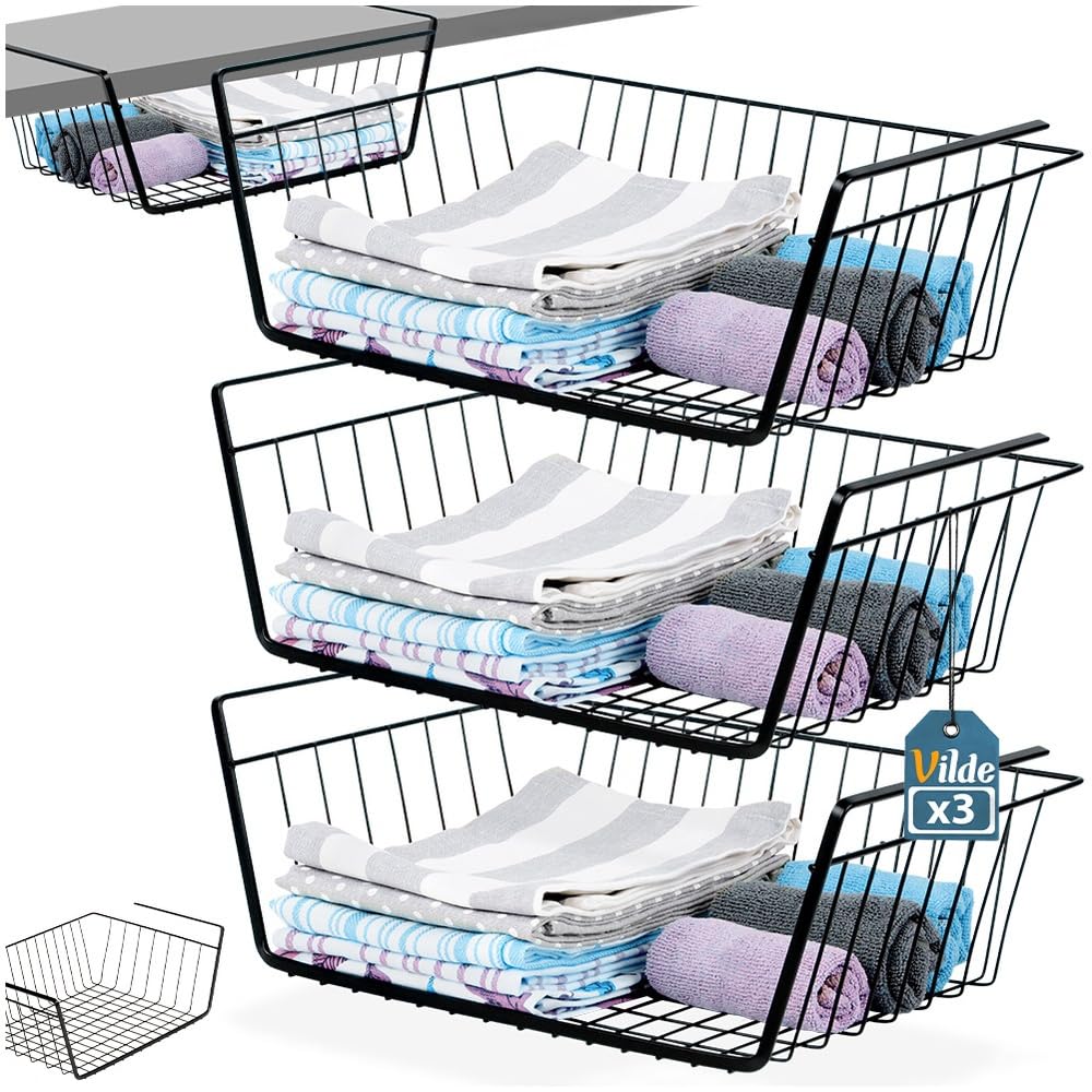 Vilde Lot de 3 paniers inférieurs 40,5 x 26,5 x 14,5 cm en métal noir – Panier suspendu pour étagère sans perçage - Organiseur de cuisine, armoire de bureau, panier de rangement à suspendre sous