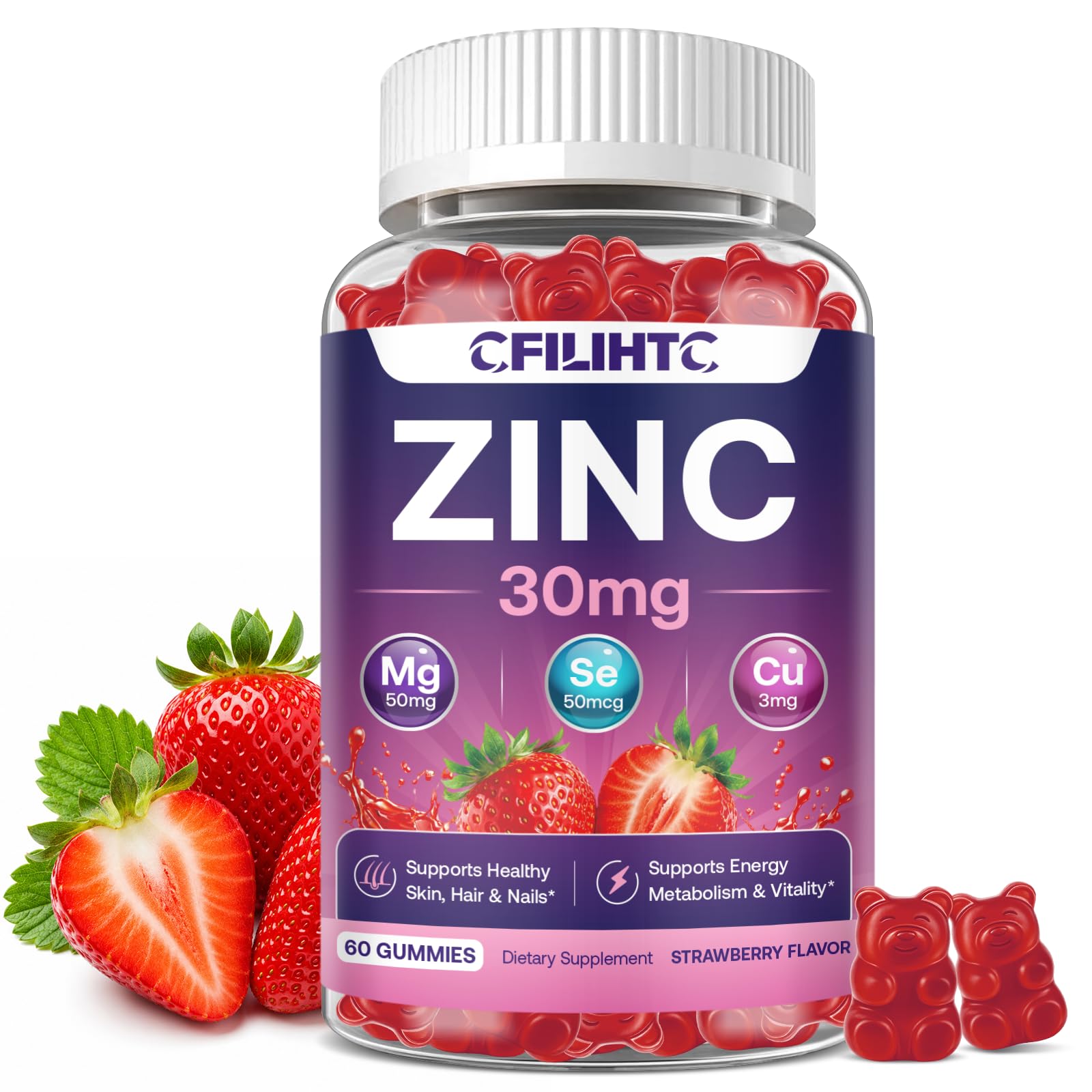Zinc Gummies 30mg with Biotin 5000mcg, Copper, Selenium & Magnesium - Zinc Supplements for Women & Men with Vitamins C, D3 & K2 - Sugar Free Vegan Strawberry Gummies, 60 Count Strawberry 60 Count (Pack of 1)