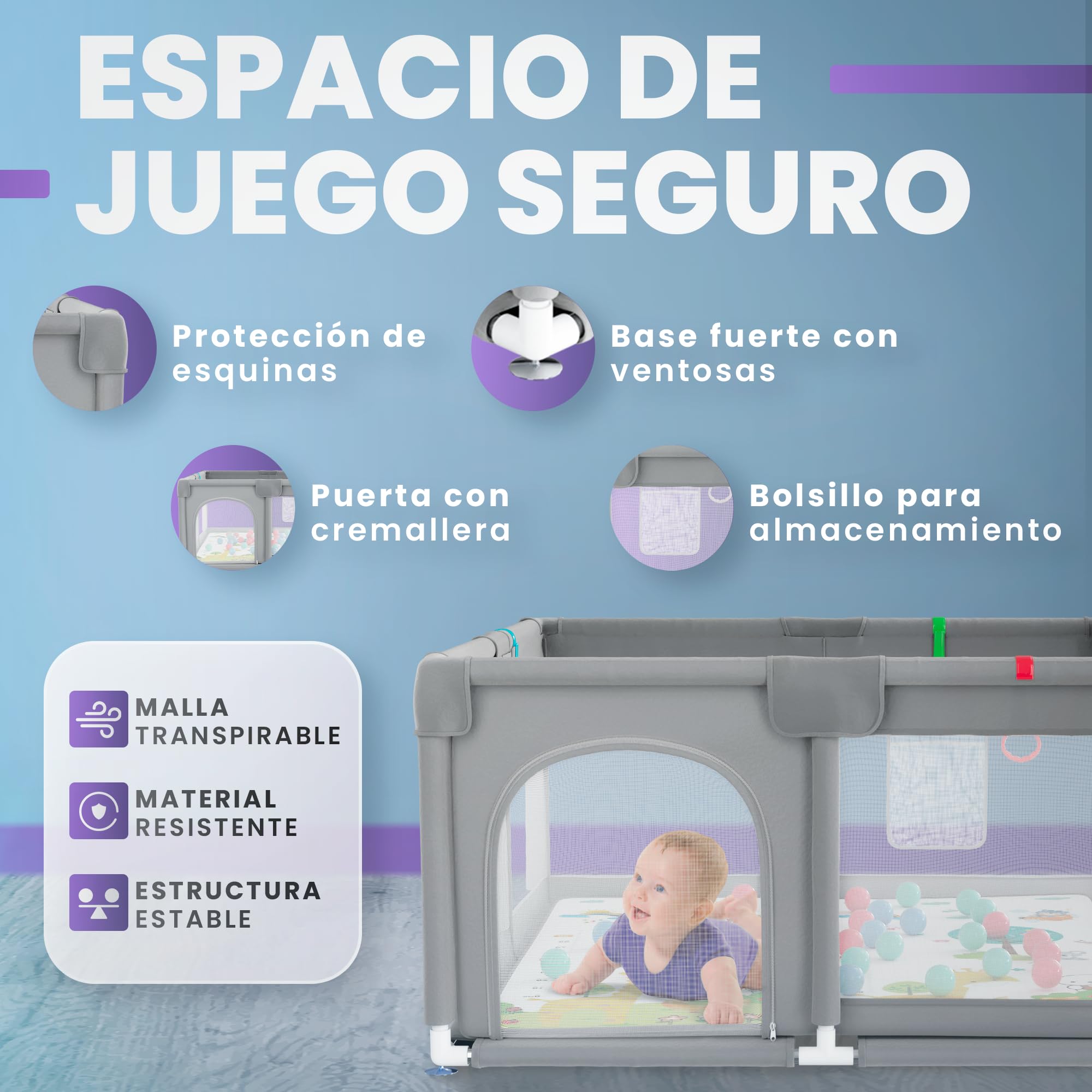 JUPPLIES Parque Infantil Bebe 120x120cm + Alfombra Bebe + 50 Bolas + Agarraderas + Bolsas de Transporte – Corralito Bebe con Malla Transpirable (Gris 120 * 120 completo + agarraderas) — view 3
