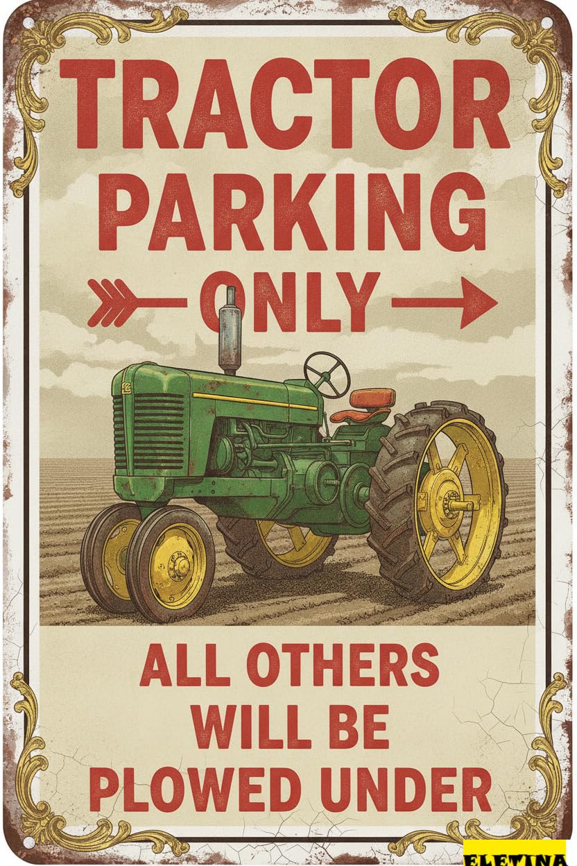 Antique Tractor Parking Only All Others Plowed Under Tin Sign Farm Wall Decor Red Tractor Gift Men 8x12in