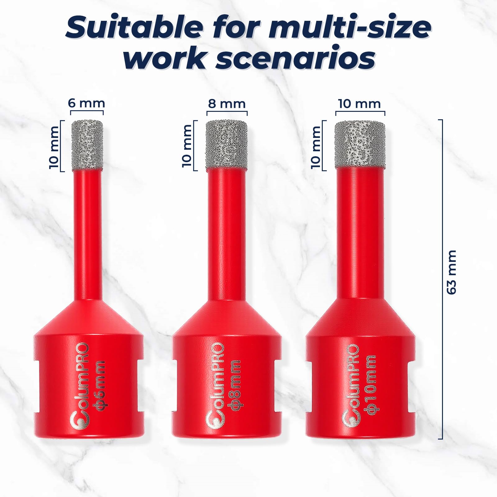 ColumPRO Diamond Drill Bit Set丨6、8、10mm丨, M14 Vacuum Brazed Dry Drilling Porcelain Tile Drill Bit for Ceramic Marble, Hard Materials - Image 2