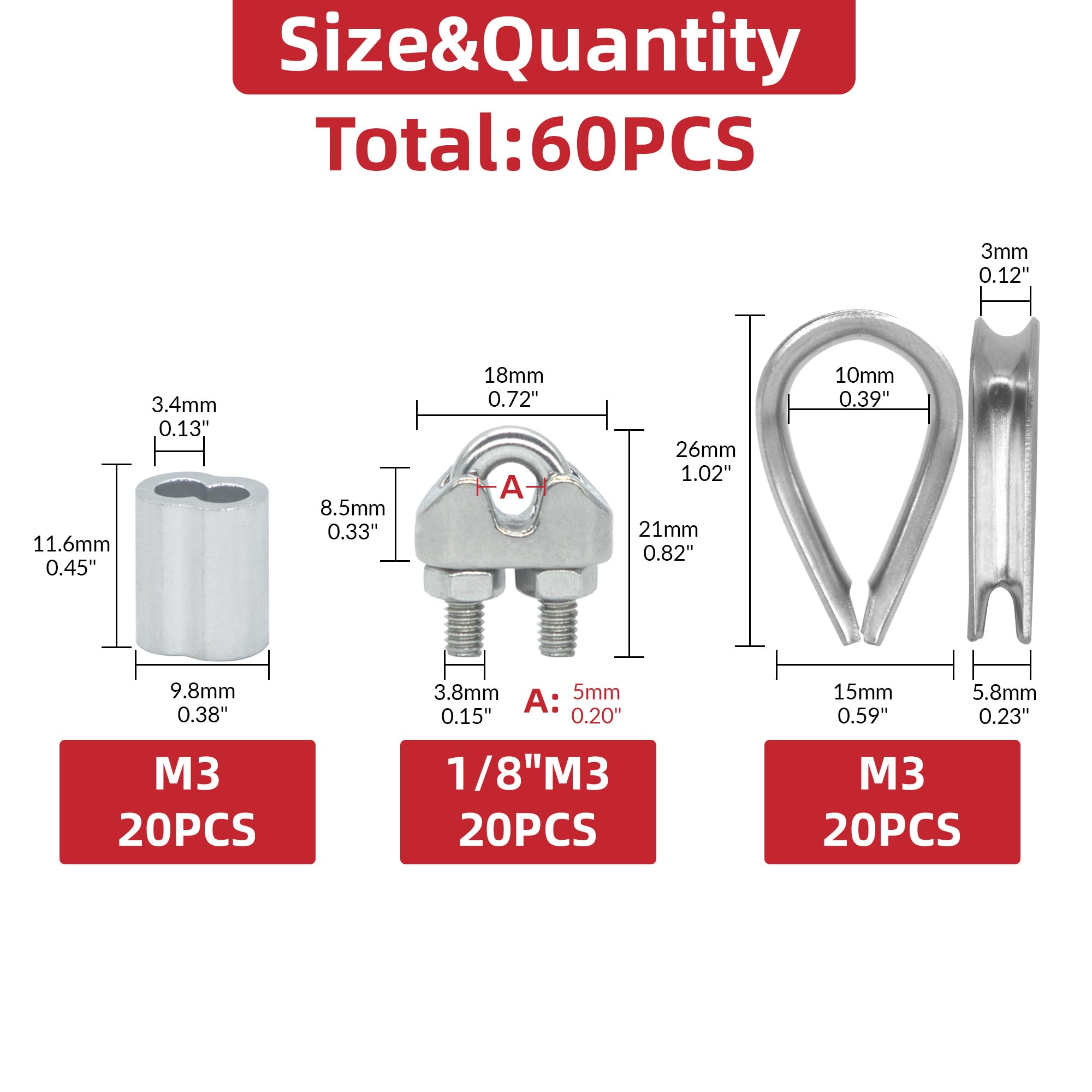 AIMUNOK 60PCS Stainless Steel Wire Rope Cable Wire Rope Clamp Thimbles Aluminum Crimping Loop Sleeve 1/8“M3 for Wire Rope Cable Thimbles Rigging