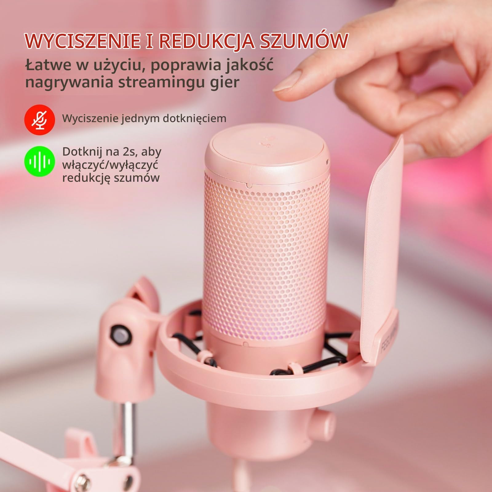 Feelworld VM1 mikrofon gamingowy USB ze stojakiem wspornikowym do nagrywania podcastów, gier wideo, studyjnego mikrofonu komputerowego, różowy z kardioidalnym wskazaniem, oświetlenie RGB, siatka