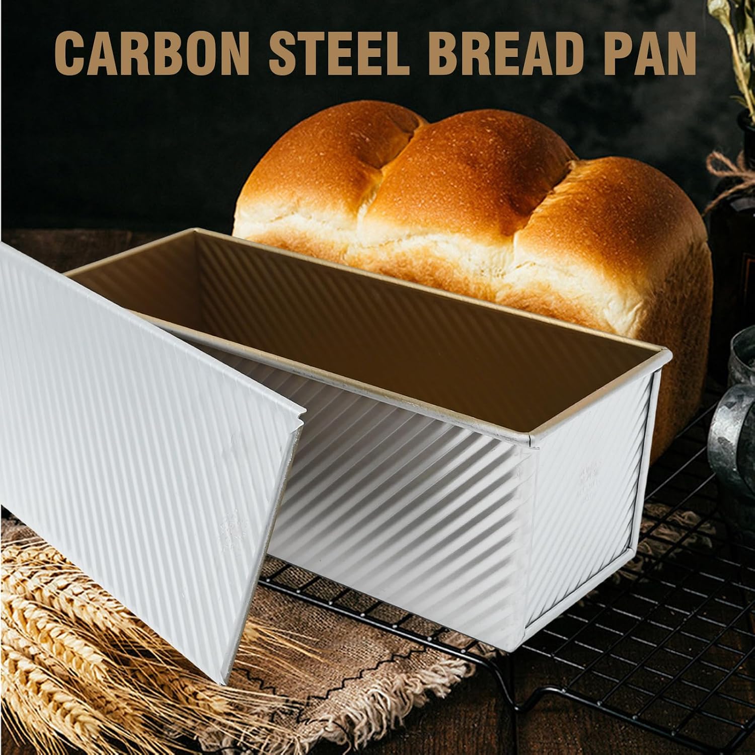 Saihisday 2.2lb Gold Loaf Pan with Lid Non-Stick Bakeware Golden Corrugated Bread Toast Box Mold with Cover Carbon Steel Corrugated Bread Toast Box Mold for Baking Bread(1000g)