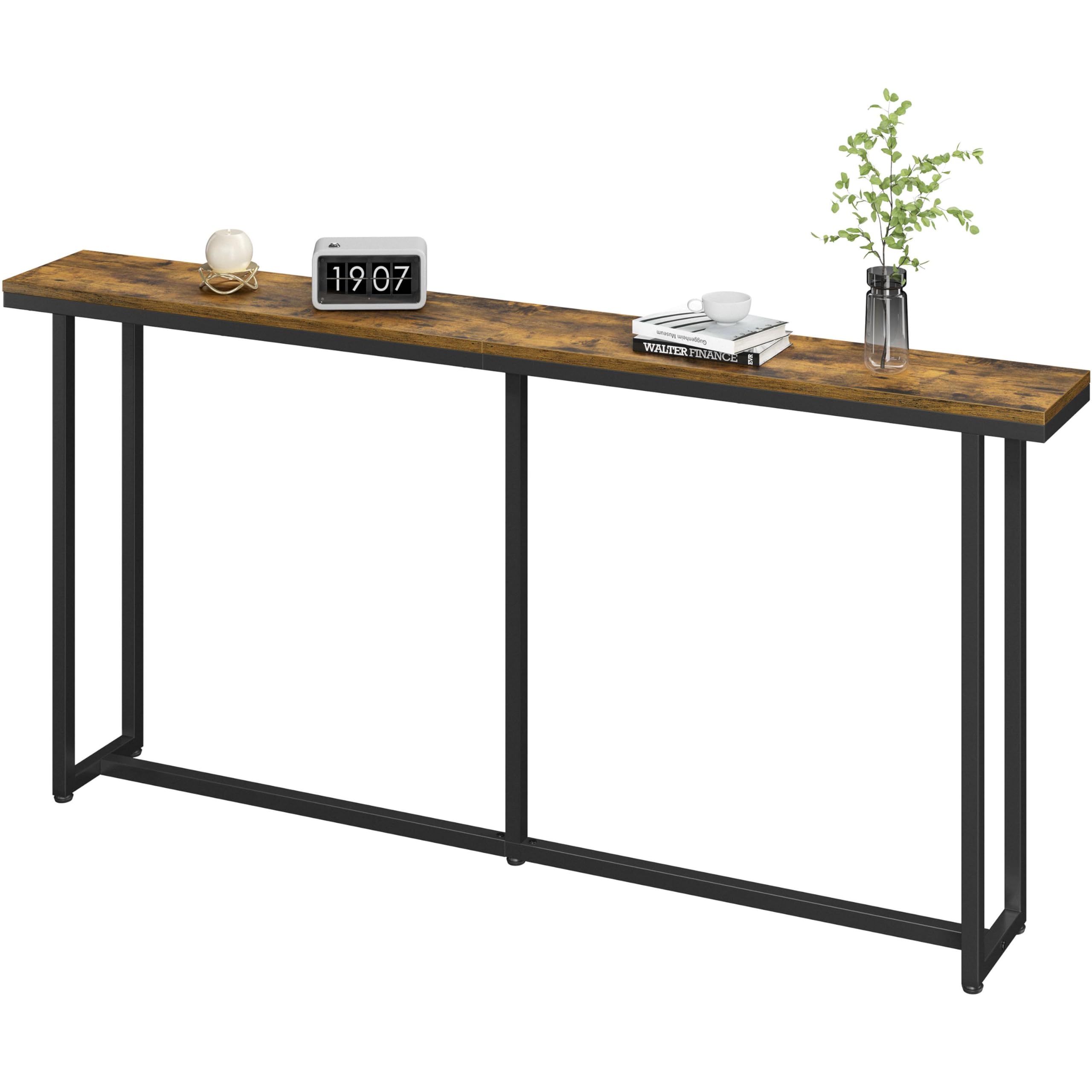 Yaheetech Slim Console Table, 20x160x80 cm Narrow Hallway Table, Iron and Wood Sofa Table for Small Spaces, Easy Assembly, Sturdy Entryway Display Table, Rustic Brown and Black
