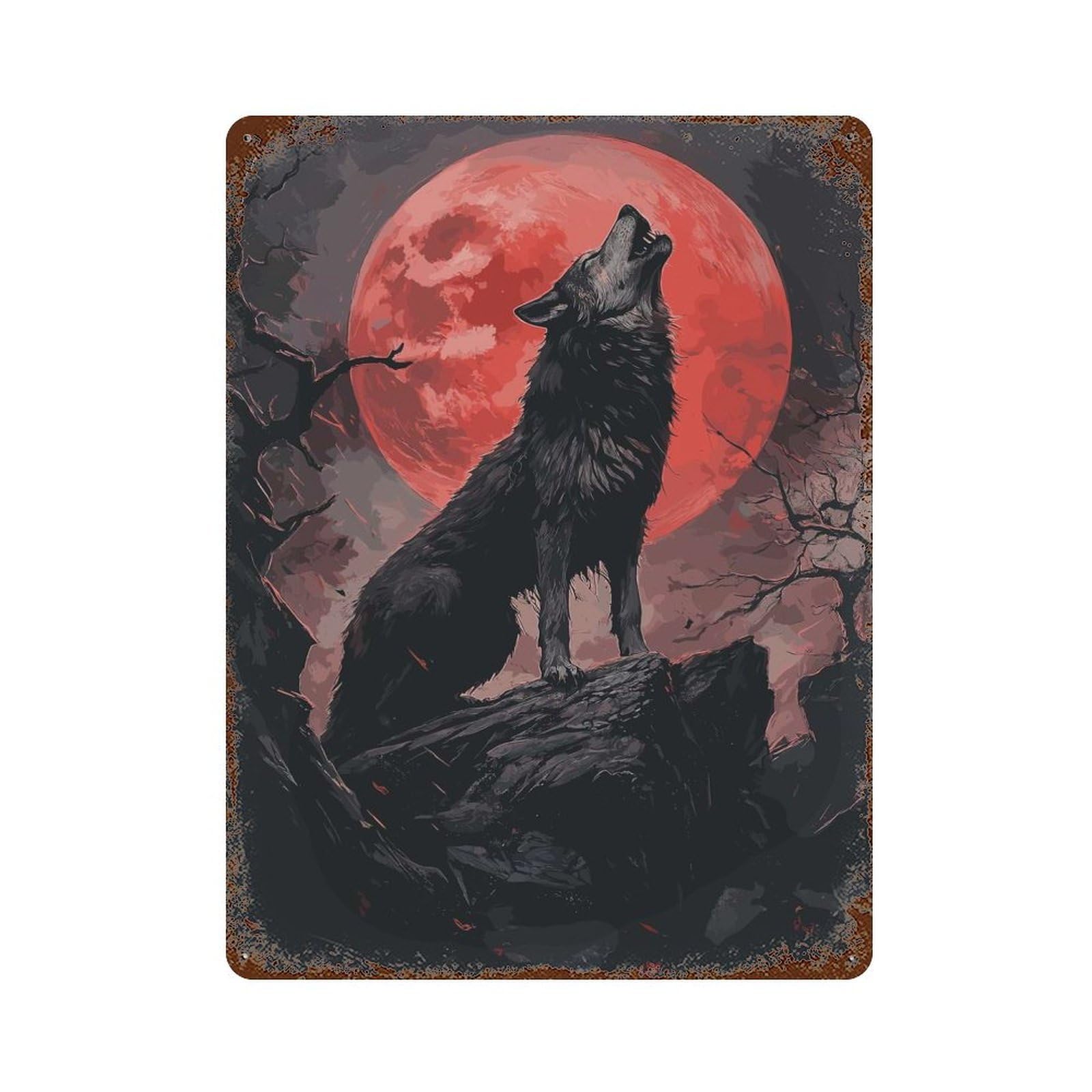 Wolf Howling at Blood Moon Rust Effect Tin Sign 15.7"x11.8", Retro Wall Decor for Patio, Garden Room And Bar Decor