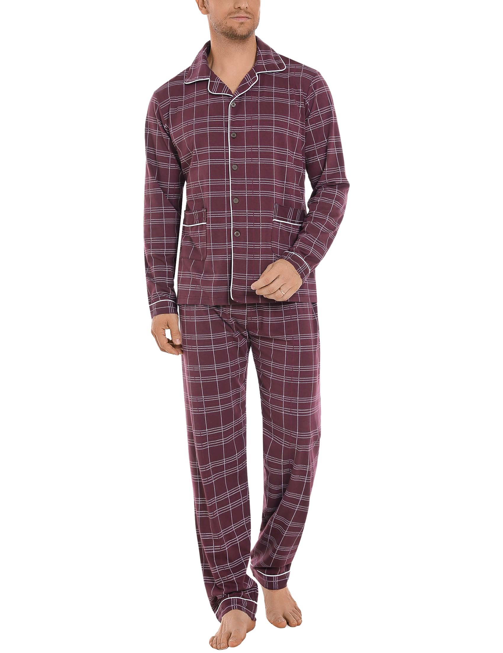 iClosam Pigiama Invernale Uomo Cotone Pigiama da Uomo Quadri o Righe Pigiami Due Pezzi da Uomo Colletto V Pigiama Uomo Lungo con Tasche Laterali Caldo e Morbido S-XXL
