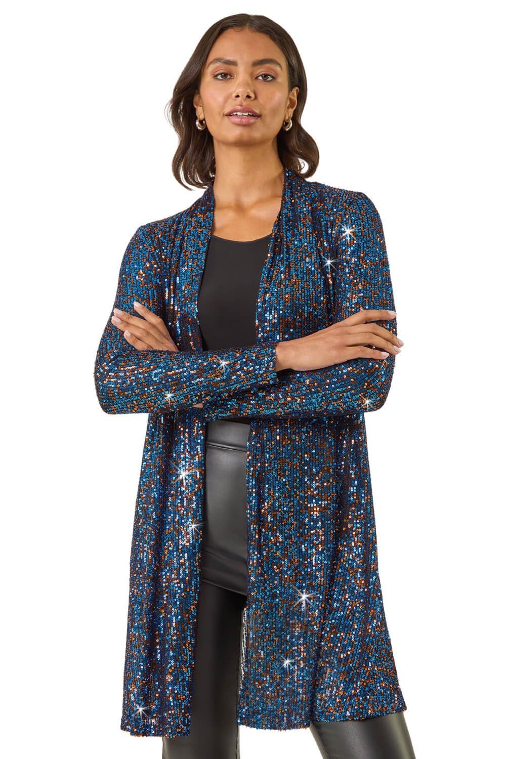 Roman Originals Sequin Longline Kimono for Women UK - Ladies Everyday Autumn Winter Comfy Soft Evening Vacation Work Party Night Out - Royal Blue - Size 10