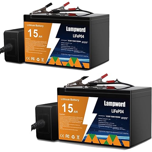 Lithium Battery 2 Packs 12V 15Ah LiFePO4 Battery 2000+ Deep Cycle Rechargeable Batteries for Trolling Motor/Golf Cart/Solar and Wind Power,Lighting,Power Wheels,Fish Finder with Charger