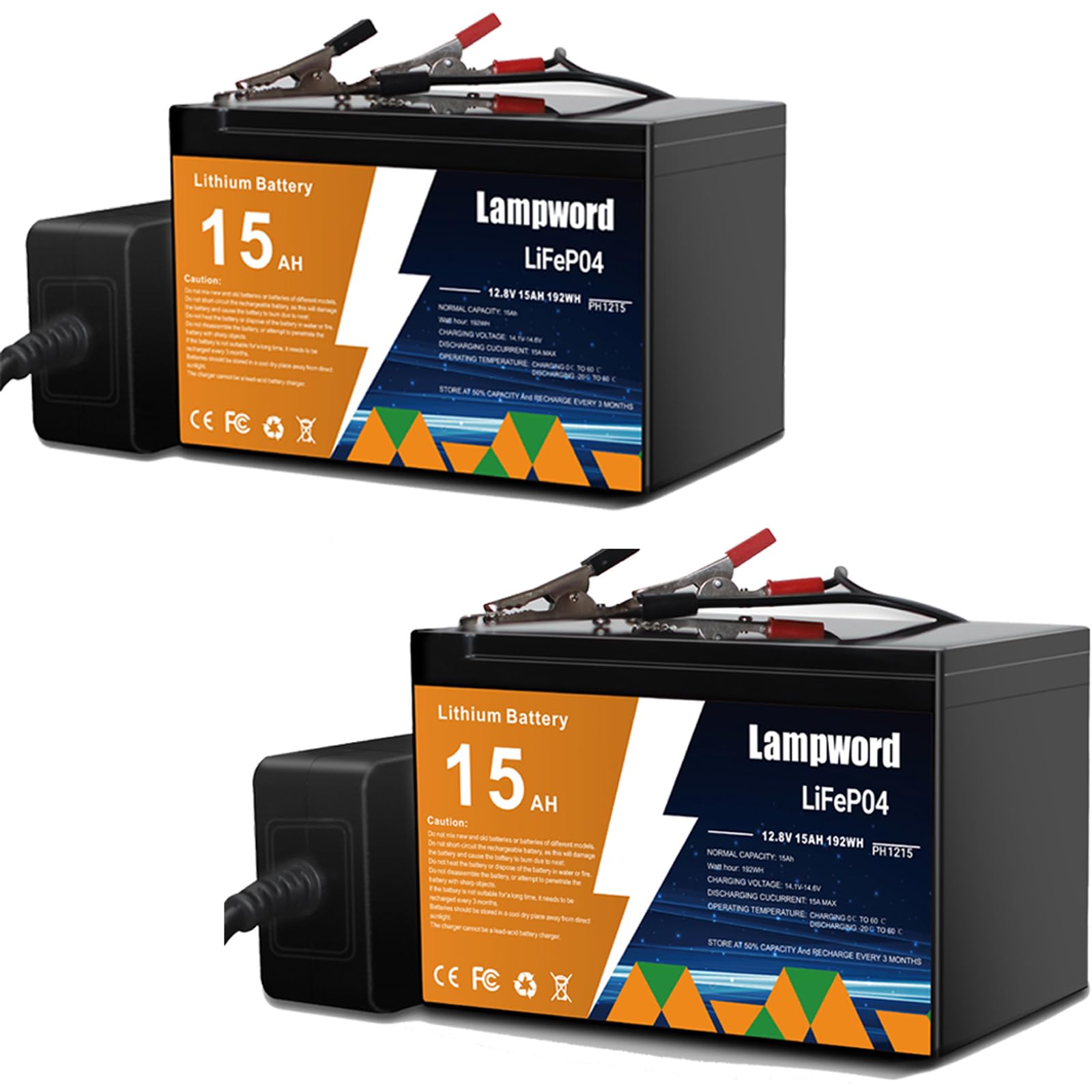 Lithium Battery 2 Packs 12V 15Ah LiFePO4 Battery 2000+ Deep Cycle Rechargeable Batteries for Trolling Motor/Golf Cart/Solar and Wind Power,Lighting,Power Wheels,Fish Finder with Charger
