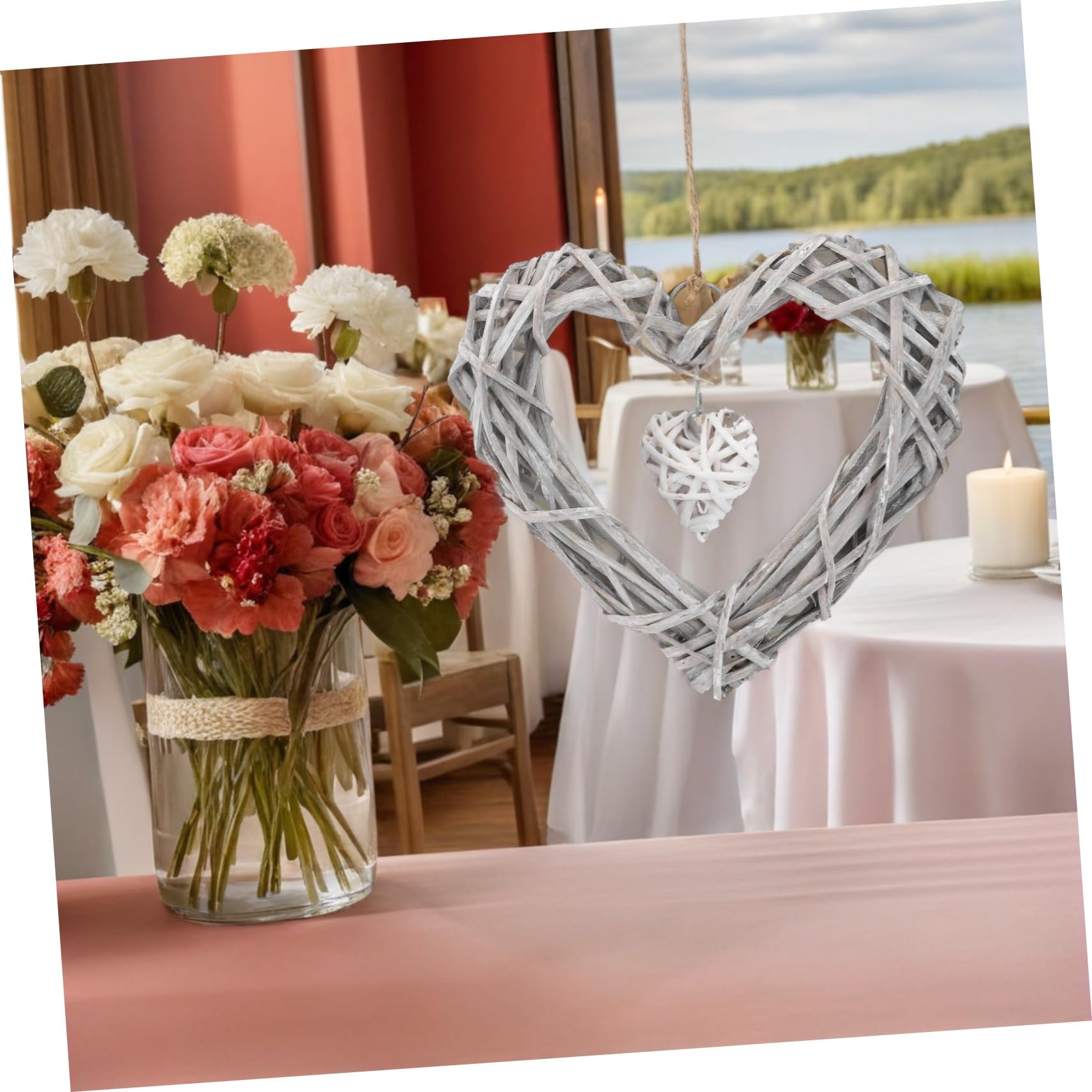 TOPBATHY 4stücke Herzkranz Aus Rattan Und Spitzengewebe Wandkranz Für Hochzeit Party Schlafzimmer Und Event-Dekoration Leicht Aufhängbar Elegant Und Langlebig