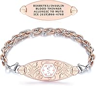 Vista 9 de Divoti Pulseras de alerta médica para mujer, pulsera de identificación médica de filigrana de oro rosa PVD grabada personalizada, con malla