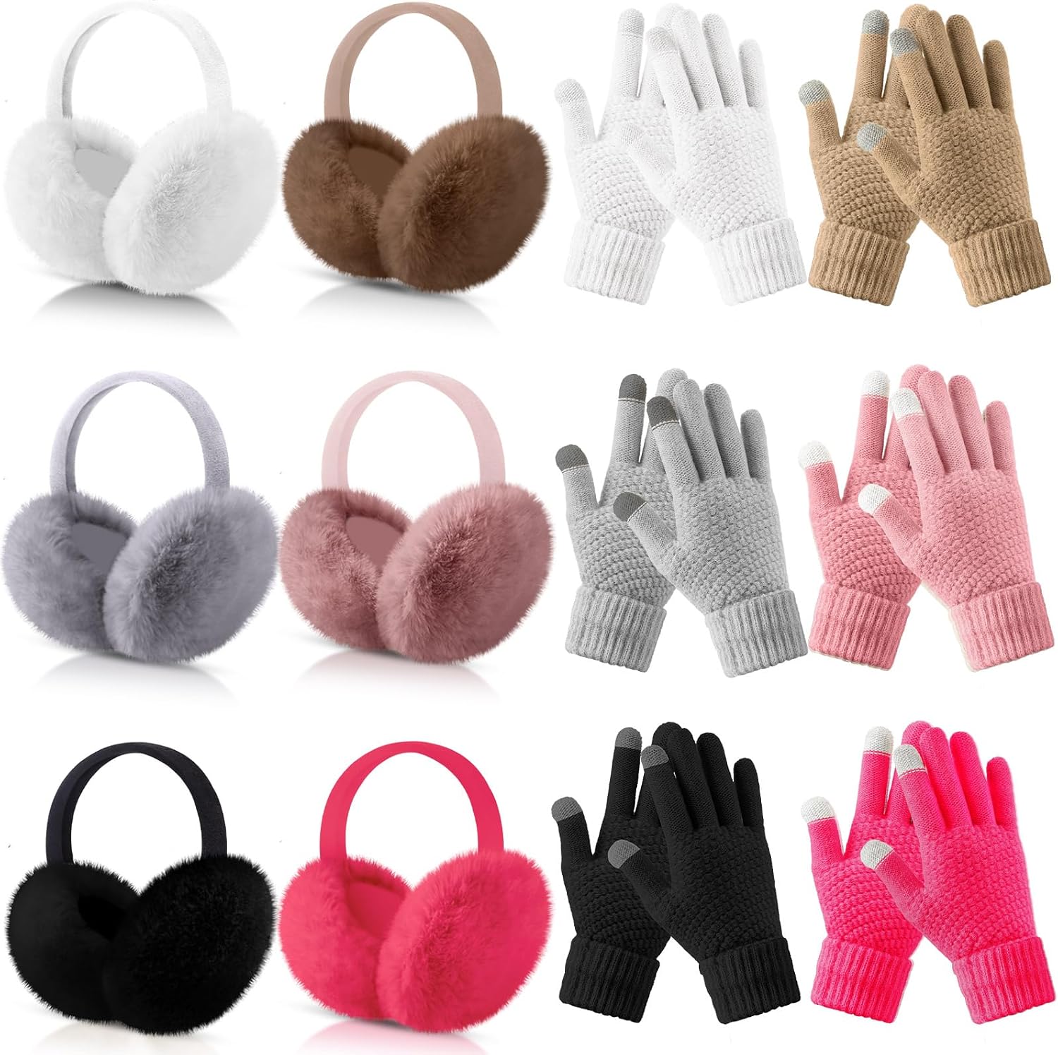 Liitrsh 12 Pcs Winter Ear Muffs and Gloves Set for Women Girls Faux Fur Warm Earmuffs Fluffy Cute Foldable Ear Warmers Covers