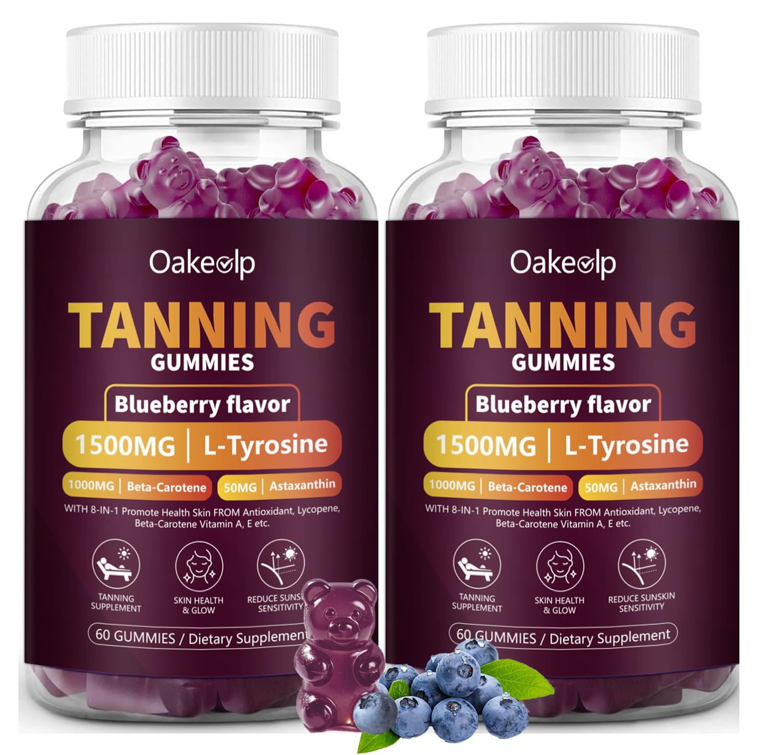 Gomas Bronzeadoras Extra Poderosas 2 Pack, 1500g de L-Tirosina, Suplemento Diário para Bronzeamento de Adultos, com 1000g de Beta-Caroteno, 50g de Astaxantina, 8500mcg de Vitamina A