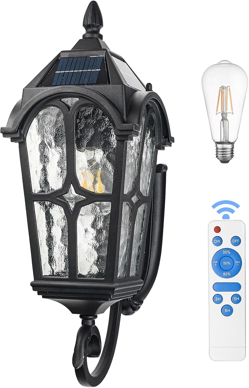 17" Solar Porch Light Outdoor, Dusk to Dawn Remote Control Wall Sconce, Black Aluminum Seeded Glass Waterproof Exterior Light for House Garage Patio