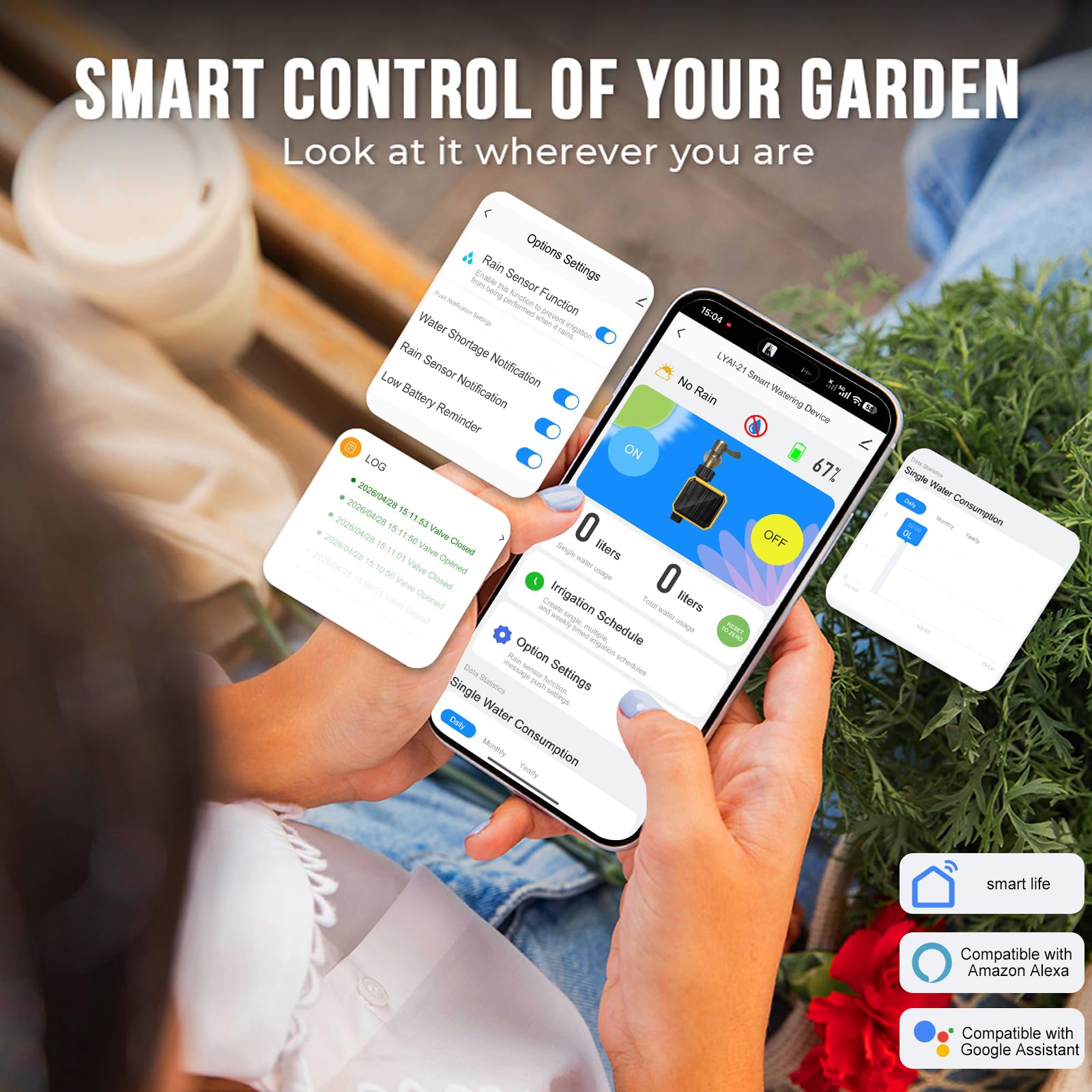 Nikou Ordinateur d'irrigation WiFi, Programmateur Arrosage Automatique Solaire Minuteur d'arrosage Intelligent avec Retard de Pluie, Compatible avec APP et Alexa, pour Jardin, Pelouse (1 Sorties)