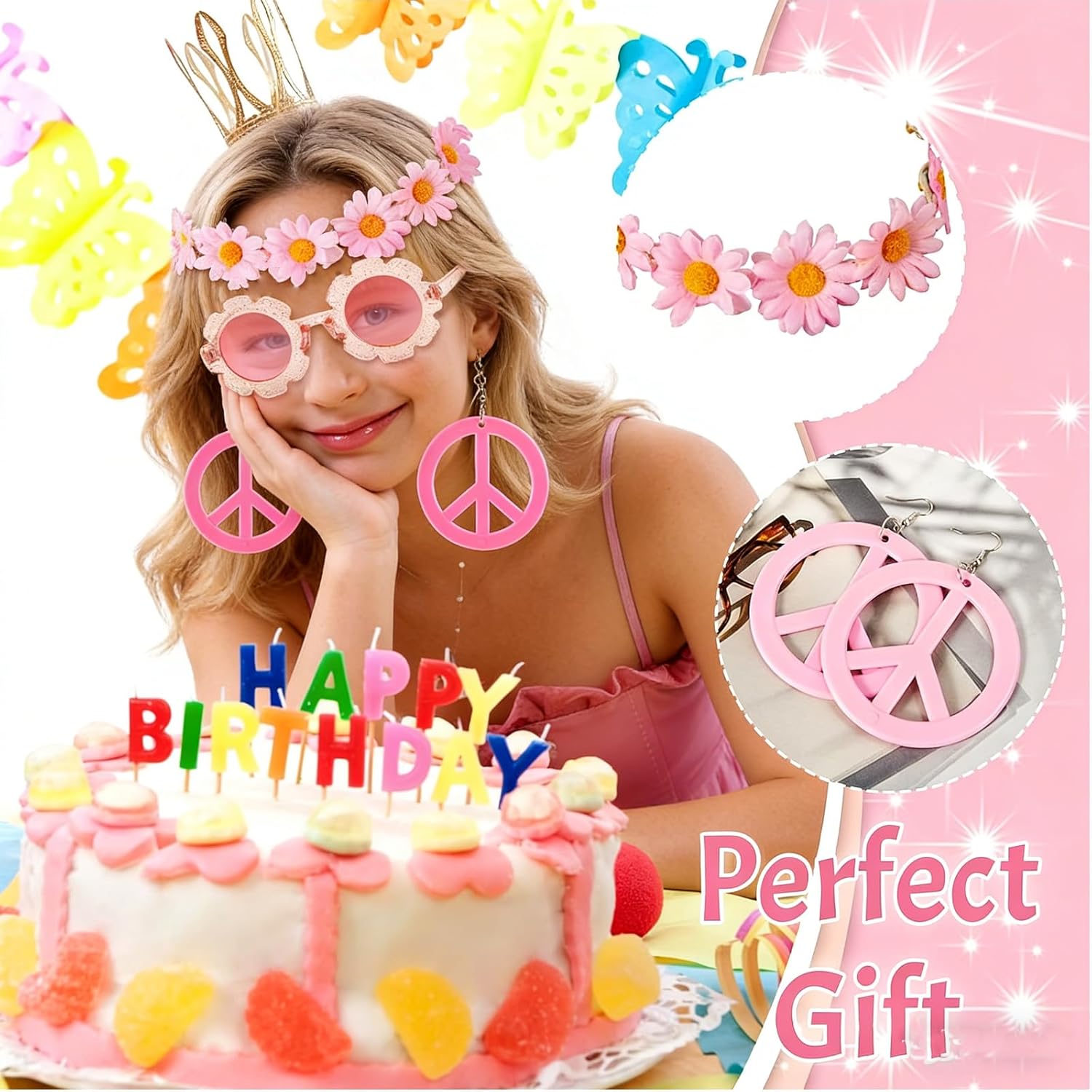 6 PCS Hippie Costume Accessories Set 70s Accessories Women Peace Sign Necklace Earrings Boho Daisy Flower Headband Sunglasses 70s Groovy Outfits for Women - Image 4