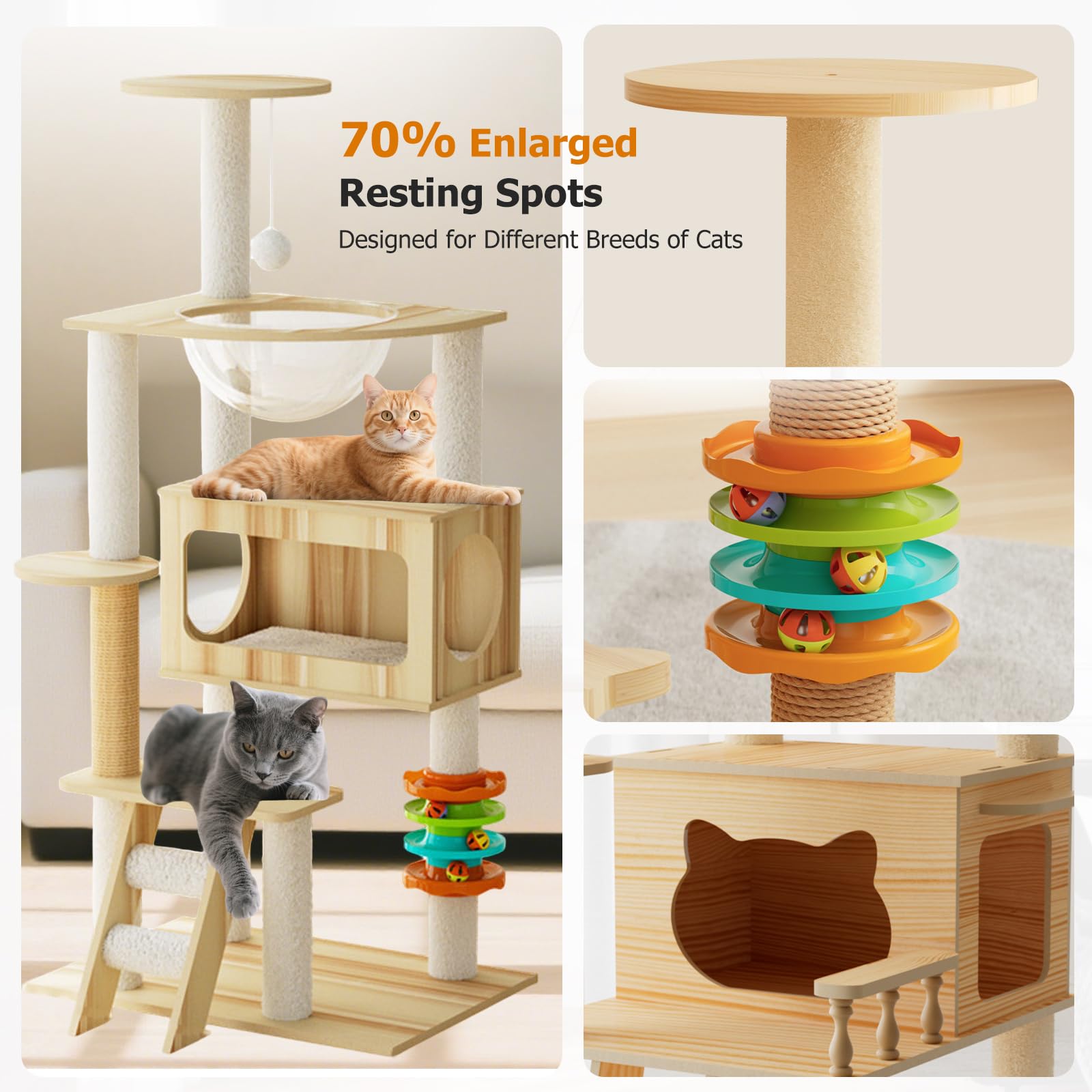 PETCUTE Torre per Gatti in Legno,Grande,Più Gatti,119cm Tiragraffi per Gatti Stabile con Capsula Spaziale Trasparente,Piattaforma di Osservazione, Parco Giochi,Scala,Grotta,Facile da Pulire