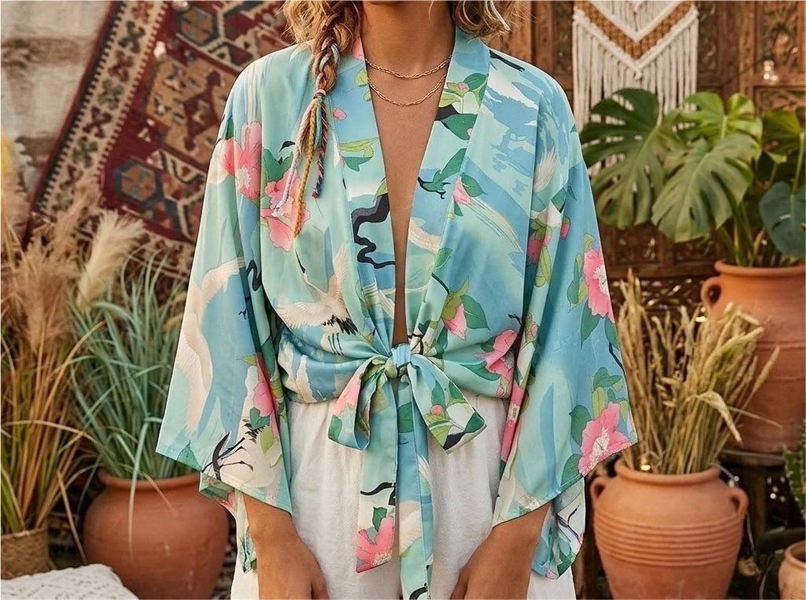 Generisch Damski kostium kąpielowy w stylu vintage, z krótkim kimono, dekolt w serek, rękawy, moda plażowa, S/M/L/XL