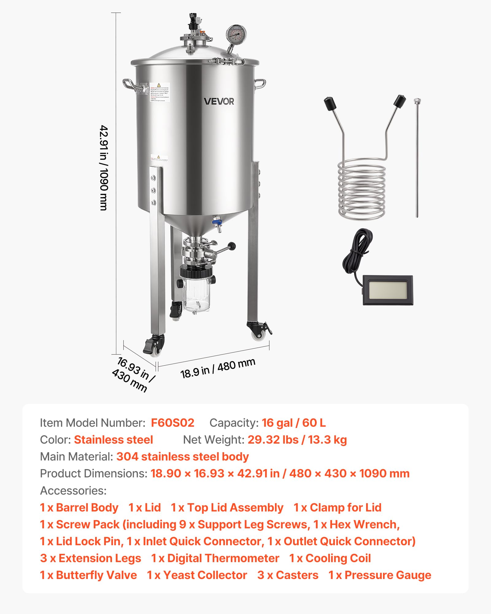 VEVOR Serbatoio di Fermentazione Conico per Produzione di Birra in Acciaio Inox da 60 Litri, Bollitore con Fondo Conico 3 Ruote, Botte di Fermentazione per Vino e Birra