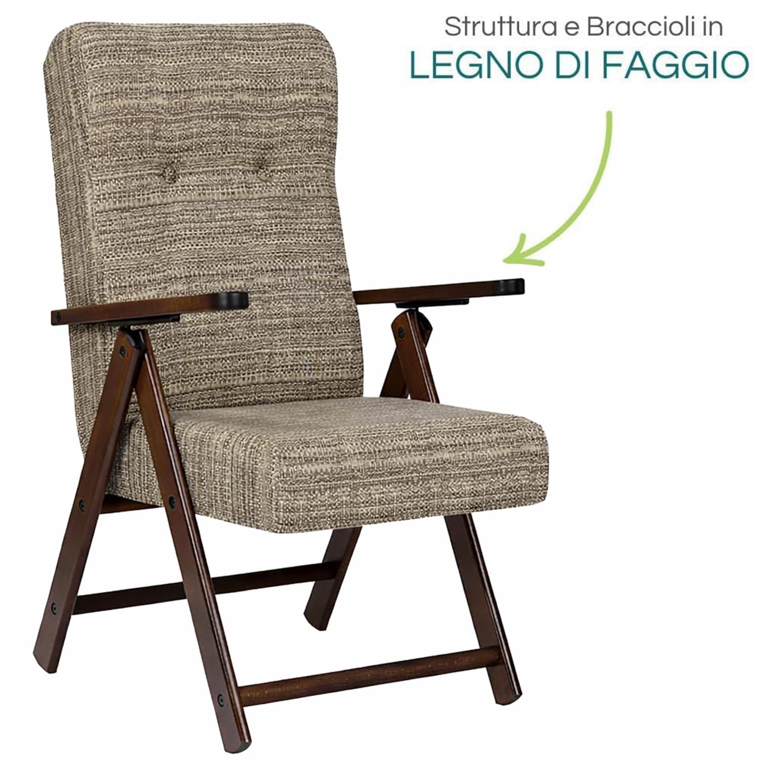 PALUPLUS Poltrona Reclinabile Molisana, Misura 61x67x108 cm, Schienale Regolabile in 4 Posizioni, Struttura e Braccioli in Legno di Faggio, Sedia per casa, Portata 110Kg -106C (Tortora)