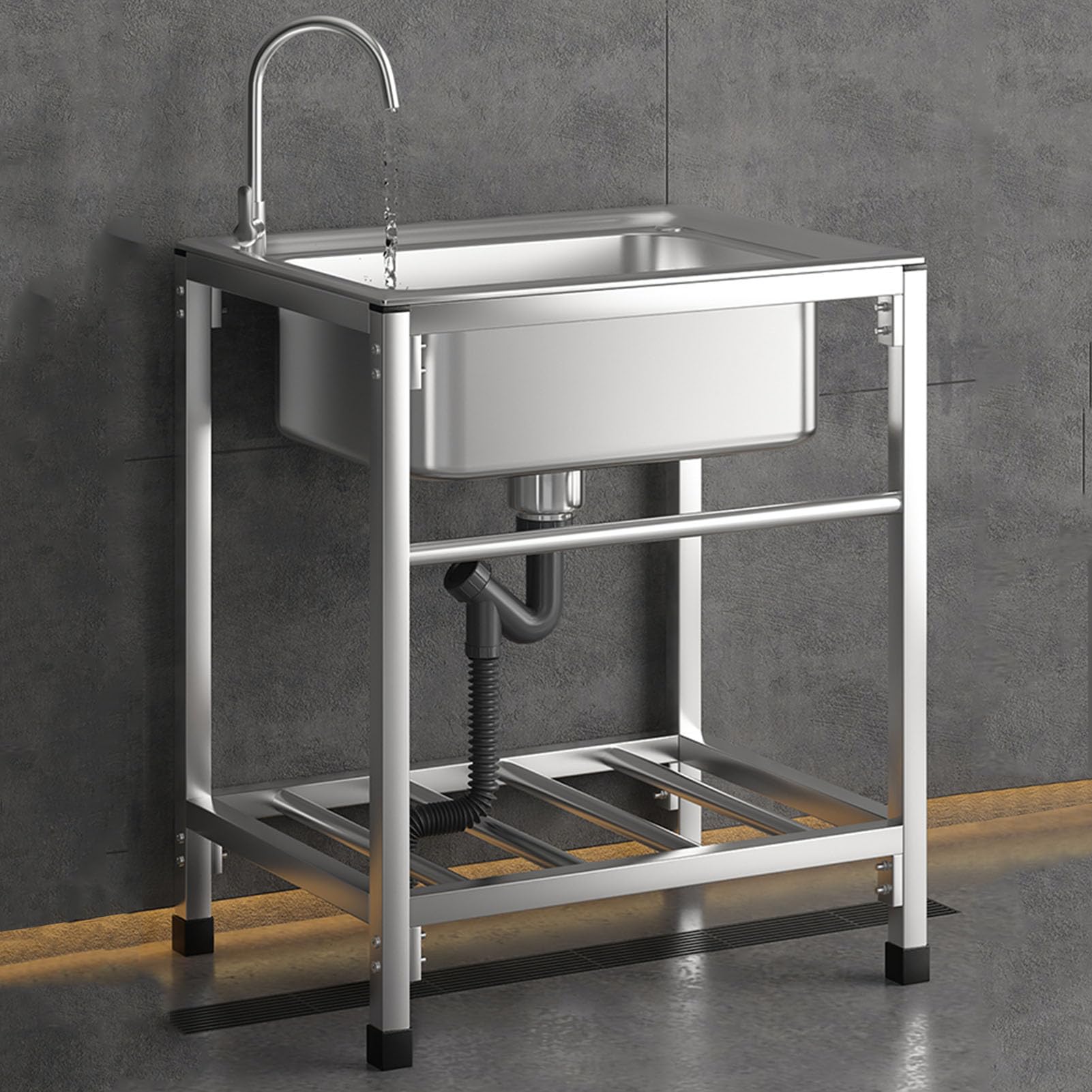 Lavello da Cucina,lavello Esterno a Vasca Singola,lavello Commerciale in Acciaio Inossidabile,Cucina Indipendente con Rubinetto,per Bar,Lavanderia,Garage,Cortile (48×35×75cm)