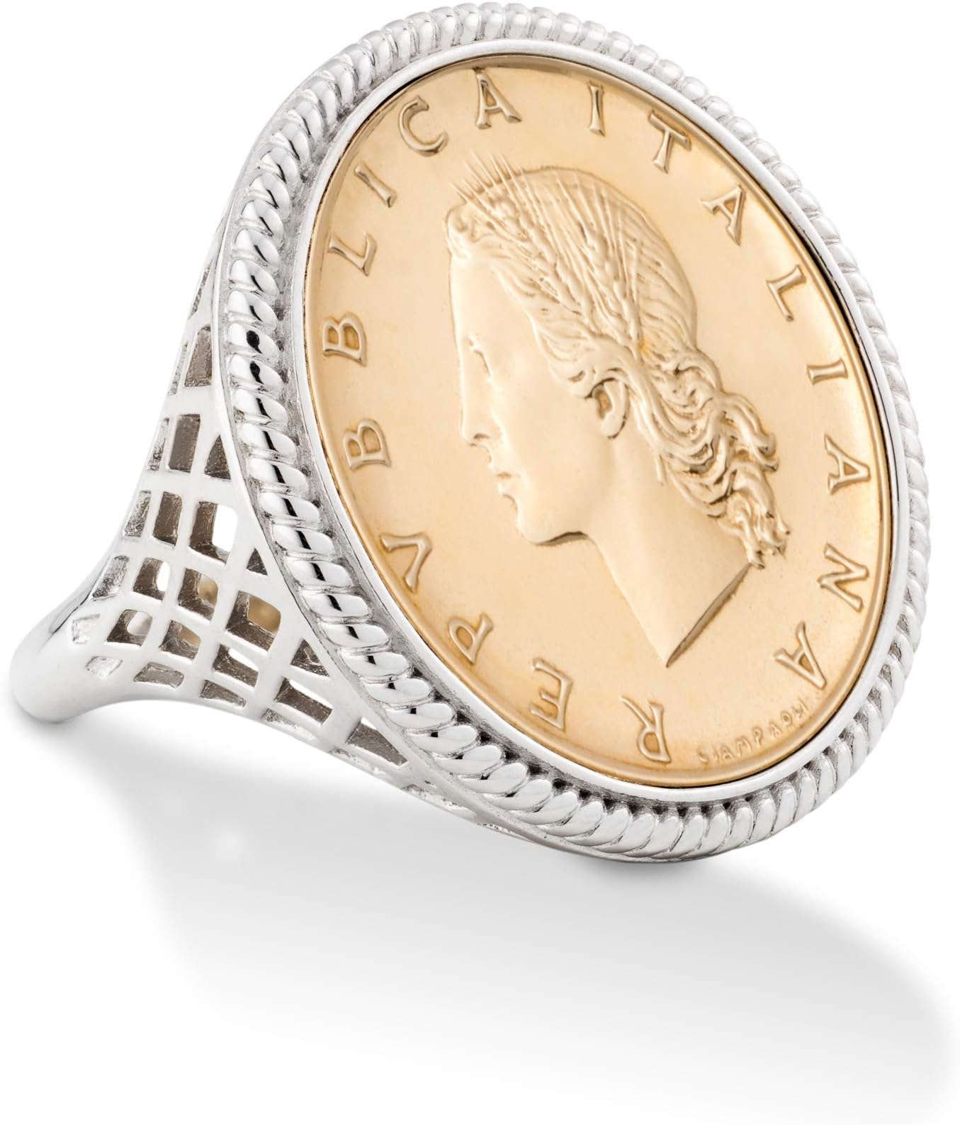 925 Sterling Silver Genuine Italian 20-Lira Coin Rope Ring for Women