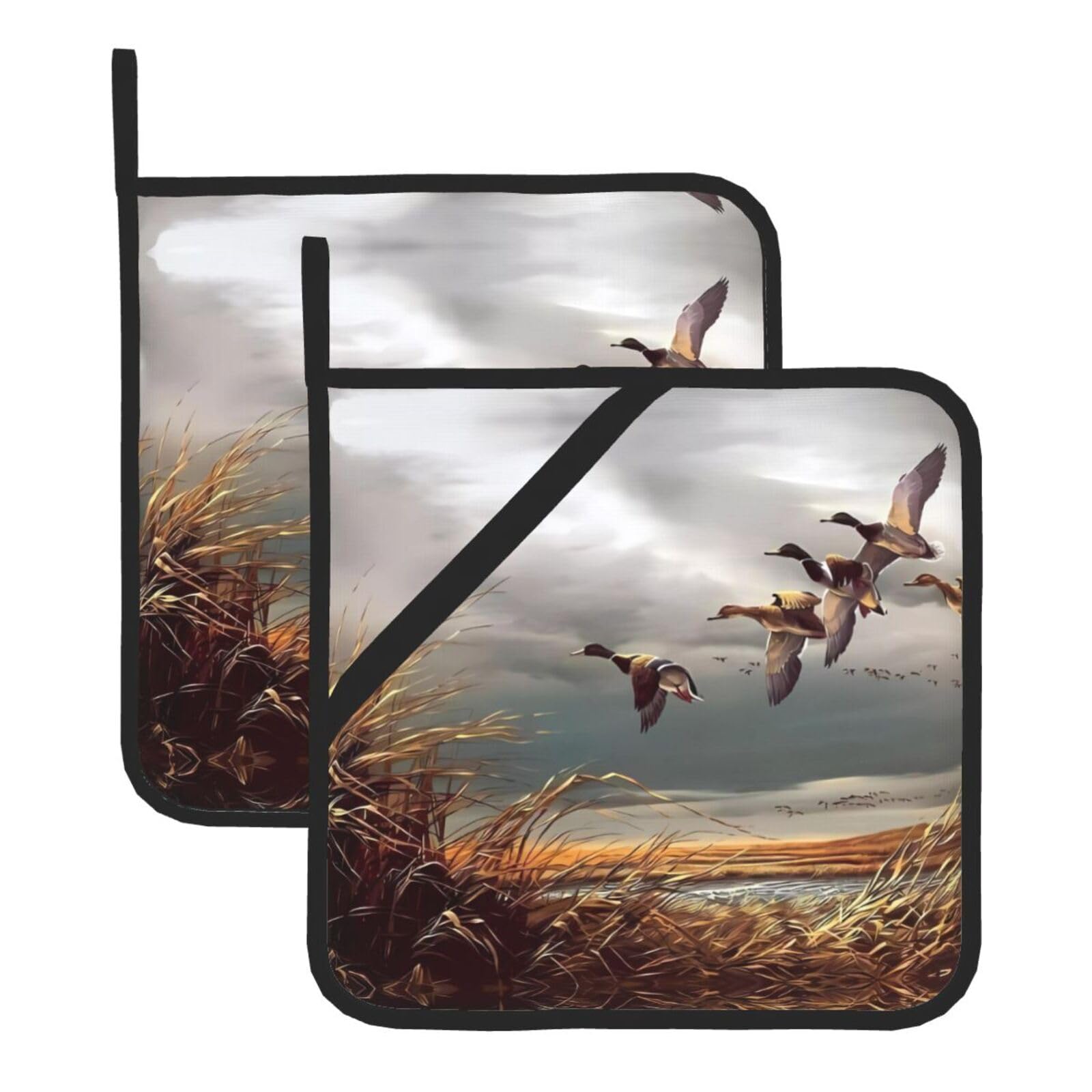 HJFCZH Hunting Flying Wild Ducks Prints Square Hot Pads for Kitchen Counter - Waterproof Pot Holders, Durable Heat Resistant Throw Layers for Serving, Oven & BBQ - 2 Pack