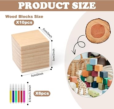 10Pcs Square Wooden Blocks Cubes, Unfinished Smooth Wooden Cubes 5x5x5cm