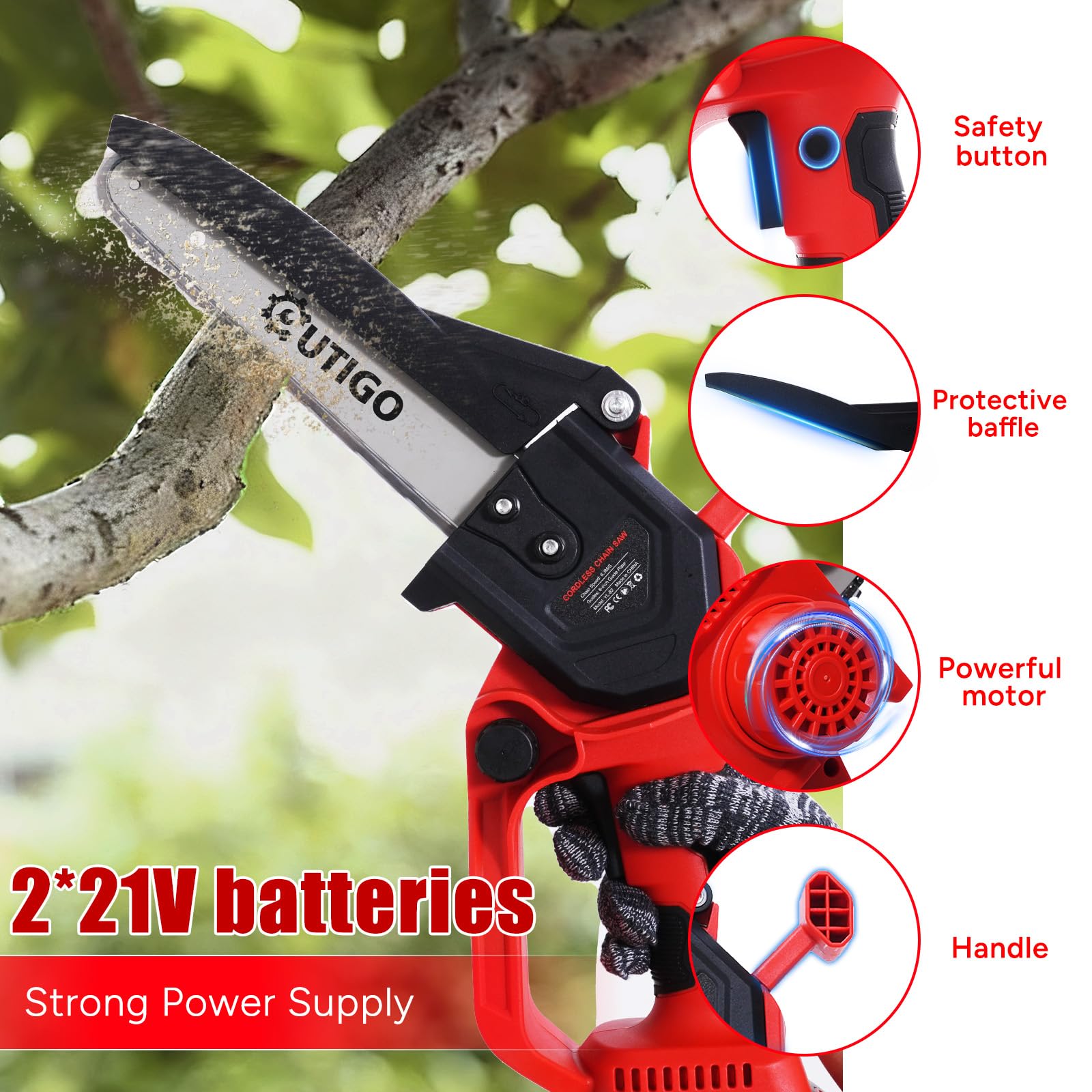 OUTIGO Motosega senza fili, motosega elettrica alimentata a batteria, on 2 batterie da 4000 mAh, 4 catene e 3 barre di guida, motosega portatile manuale, adatta al taglio del legno