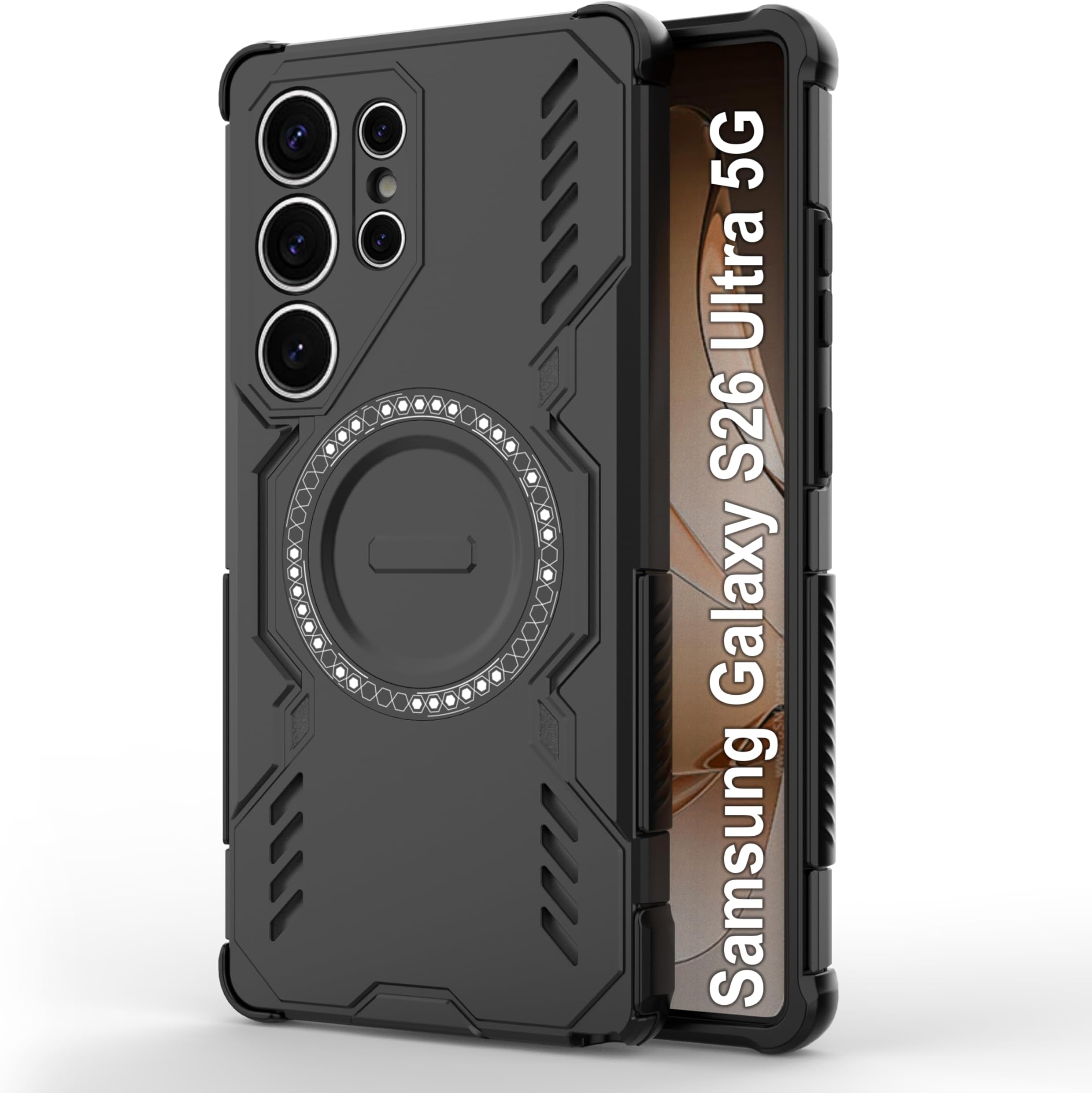 amazon basics Back Case Cover for Samsung Galaxy S26 Ultra 5G | Magnetic Case with Built-in Metal Ring | Supports MagSafe Charger, Wallet & Car Mount | Shockproof Hybrid PC + TPU | Black