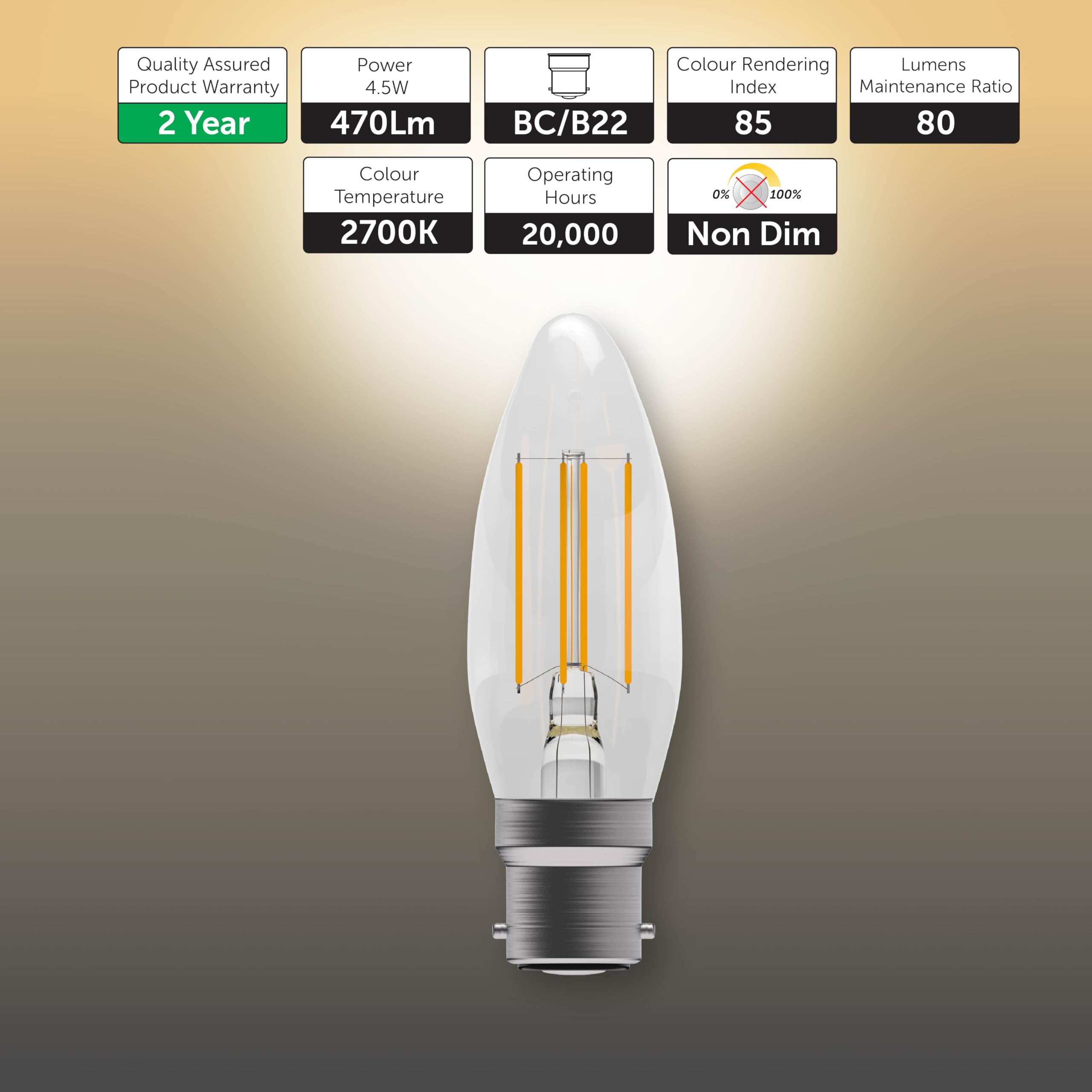 BELL Lighting B22 Bayonet Candle Bulb LED Filament 3 Pack, Warm White - 2700k - Image 2