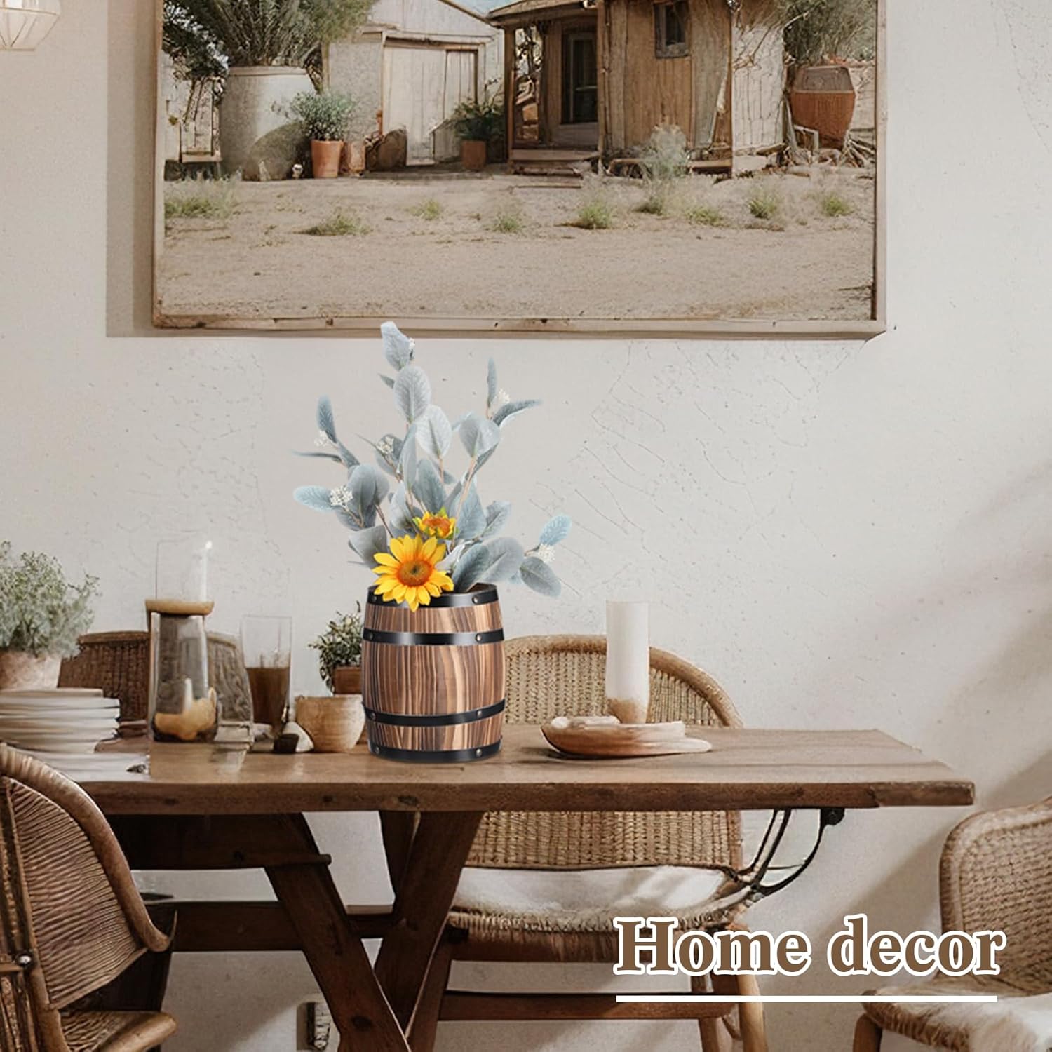 2 Pcs Wood Wine Barrel Vase Vintage Flower Vase Container Rustic Barrel Planter for Wedding Reception Table Decoration Home Indoor Outdoor Garden Kitchen Party (8 x 6.5 Inch)
