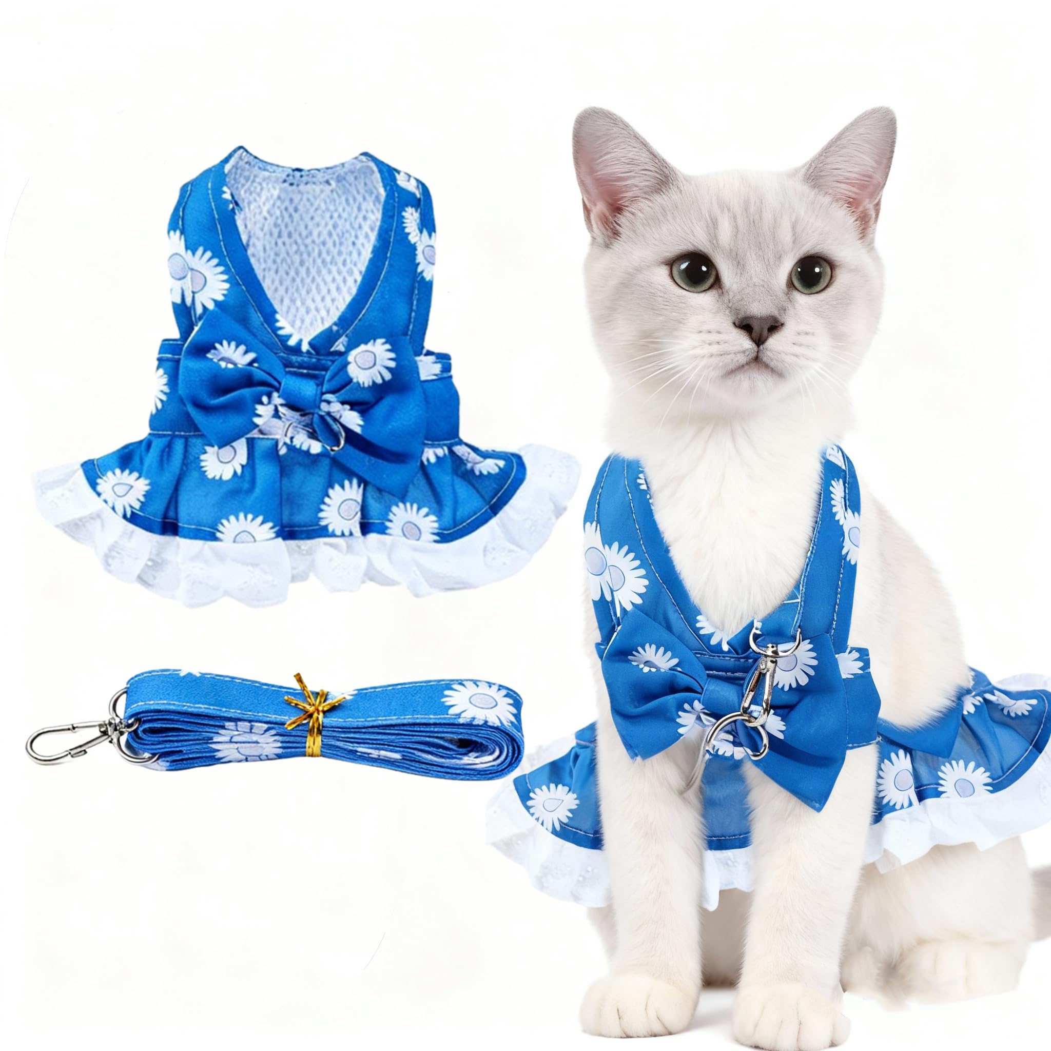 DELORIGIN Dog Harness Dress for Small Dogs Daisy Dog Vest Harness and Leash Set Cute Floral Pet Clothes with Bow Knot Mesh Pet Princess Outfits for Cats Puppy Outdoor Walking, Blue