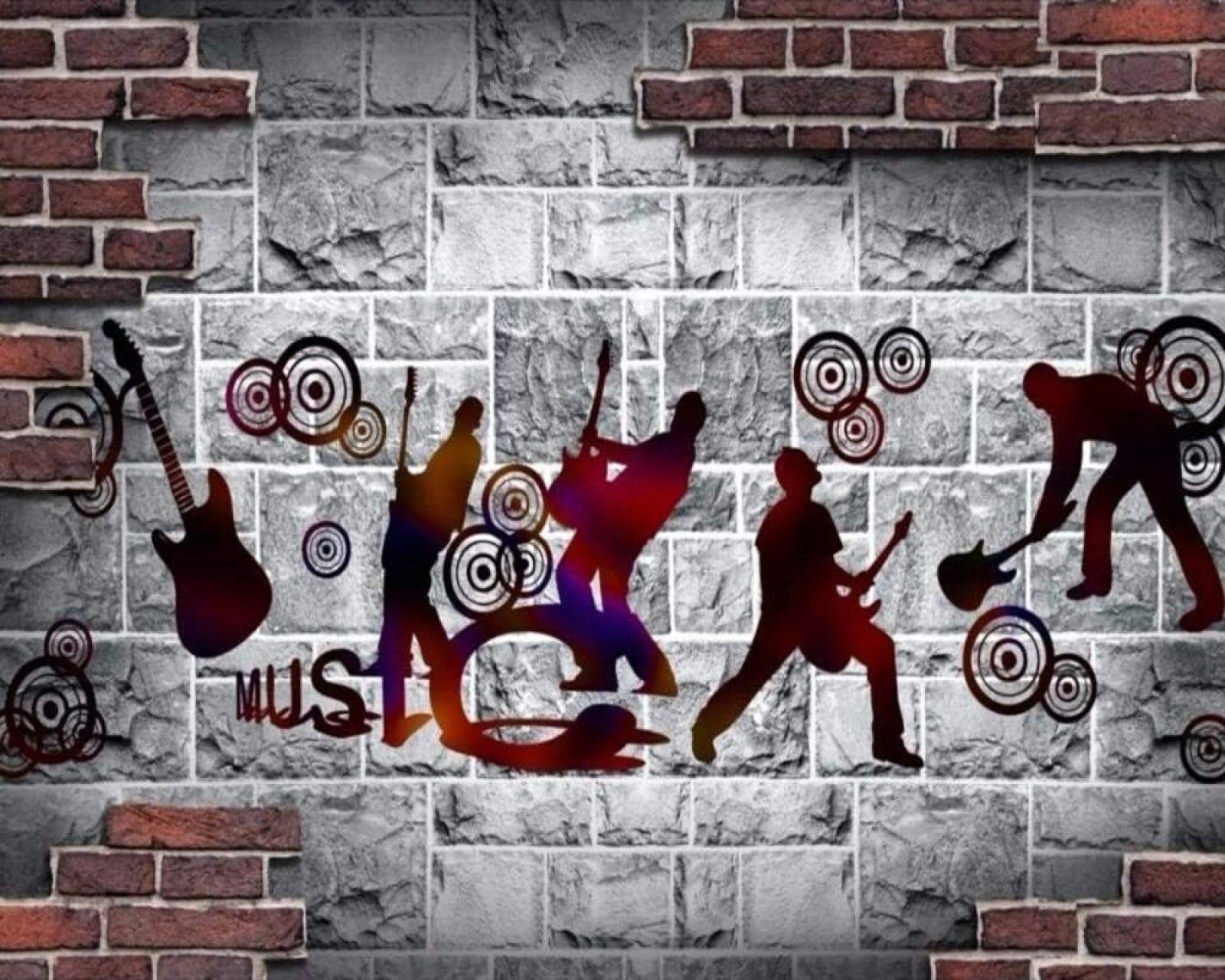 XLMING Rock Musica Retrò Dipinto A Mano Arte Muro Di Mattoni 3D Carta da Parati Premium Aspetto Della Seta Studio Soggiorno Camera Letto Parete Divano Muro-250cm×170cm