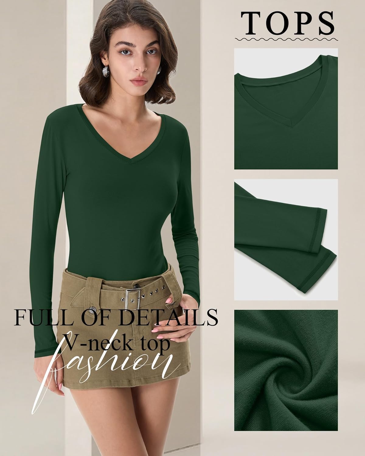 3 Pack Women's Long Sleeve Shirts V Neck Fitted Crop Tops Basic Tight Stretchy Tees Lightweight Layering Clothes - Image 4