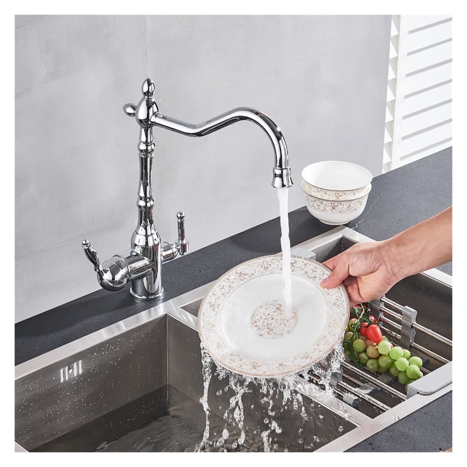 ZQFHSX Pure Water Sink Faucet - Ceramic Handles, Hot and Cold Mixer Taps, Deck Mounted