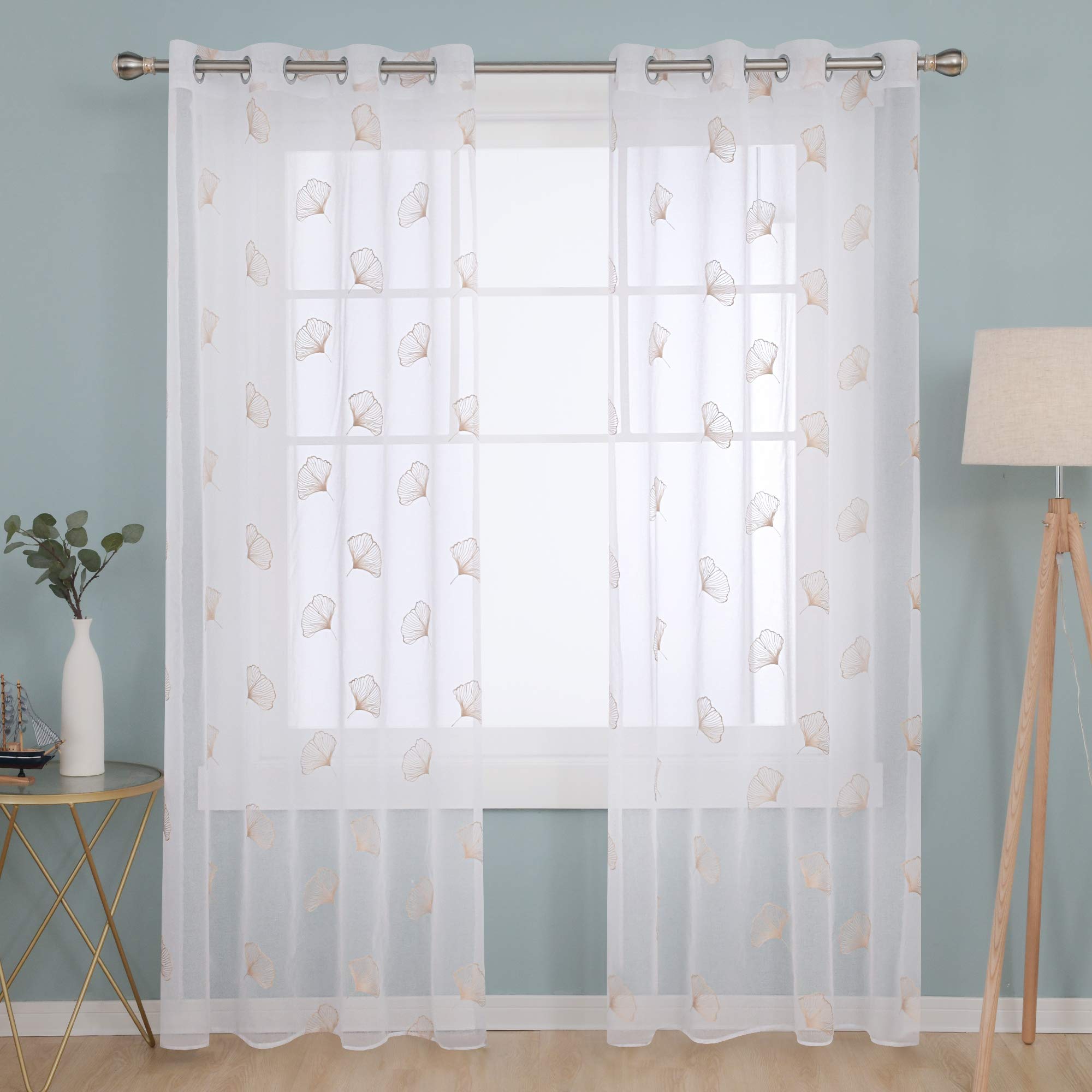 Deconovo Embroidered Dandelions Linen Effect Sheer Curtains Eyelets Rings Top Voile Curtains Super Soft Curtains for Doors 55 x 102 Inch Linen Set of 2 โ image 1