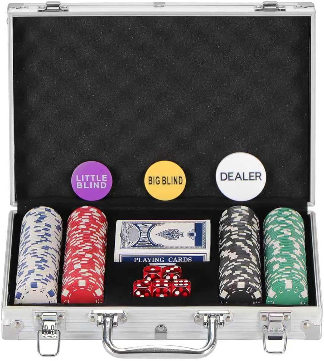 Juego de 200 fichas de póquer para Texas Holdem, Blackjack, torneos con estuche de aluminio, 2 barajas de cartas, crupier, ciega pequeña, botones de ciega grande y 5 dados, 11,5 gramos