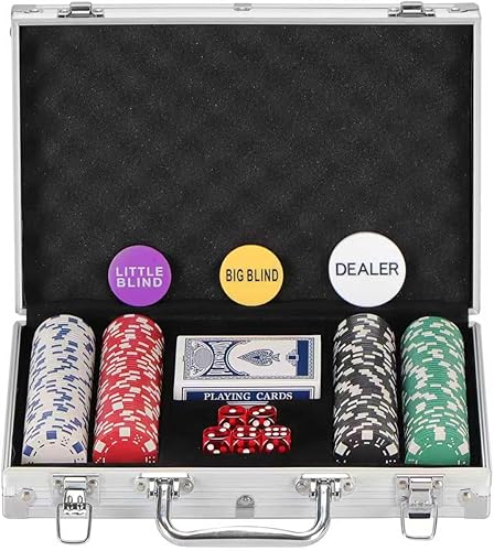 Juego de 200 fichas de póquer para Texas Holdem, blackjack, torneos con estuche de aluminio, 2 barajas de cartas, botón de repartidor, botón de Rojo