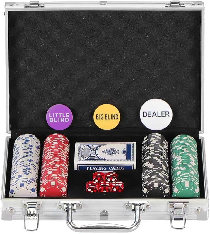 Juego de 200 fichas de póquer para Texas Holdem, Blackjack, torneos con estuche de aluminio, 2 barajas de cartas, crupier, ciega pequeña, botones de ciega grande y 5 dados, 11,5 gramos