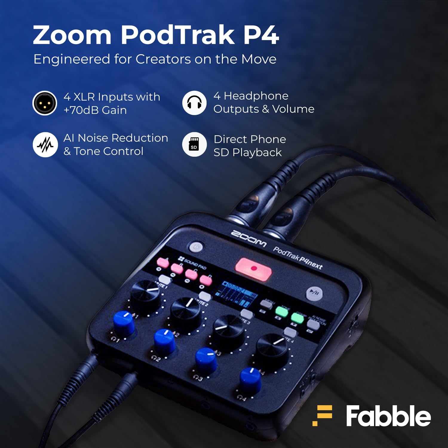 Zoom PodTrak P4next Podcast-Recorder-Set mit vier Zoom ZDM-1 Podcast-Mikrofon-Packs, einschließlich Kopfhörer, Windschutzscheiben, XLR-Kabel und Tischständer für eine komplette Aufnahmeeinrichtung