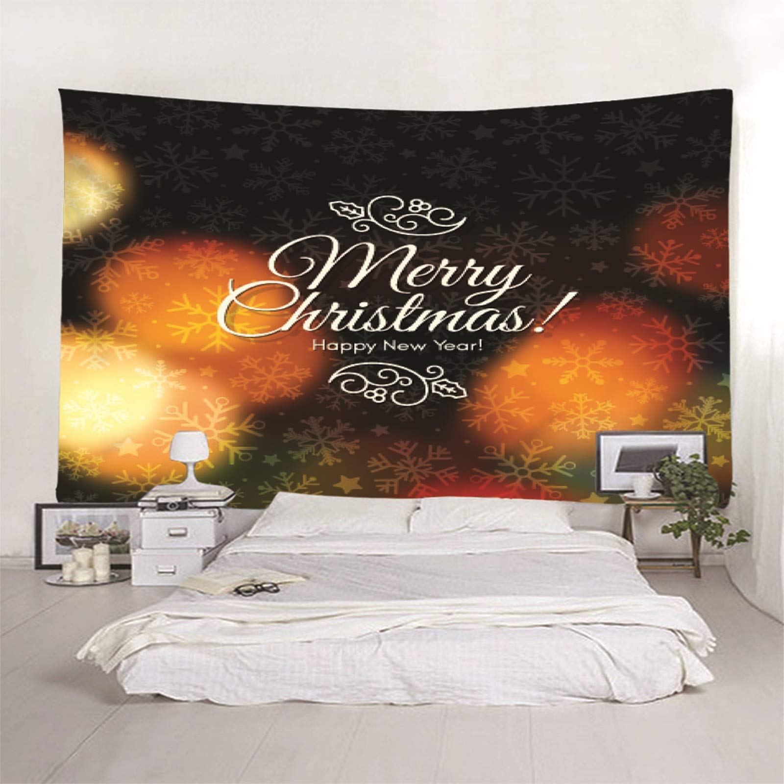 Tapiz Yoga Suelo, Decoracion de Navidad para Exterior Copos de Nieve Feliz Navidad Feliz Año Nuevo Amarillo Marron Poliéster Papel Tapiz Decorativos 260X240cm