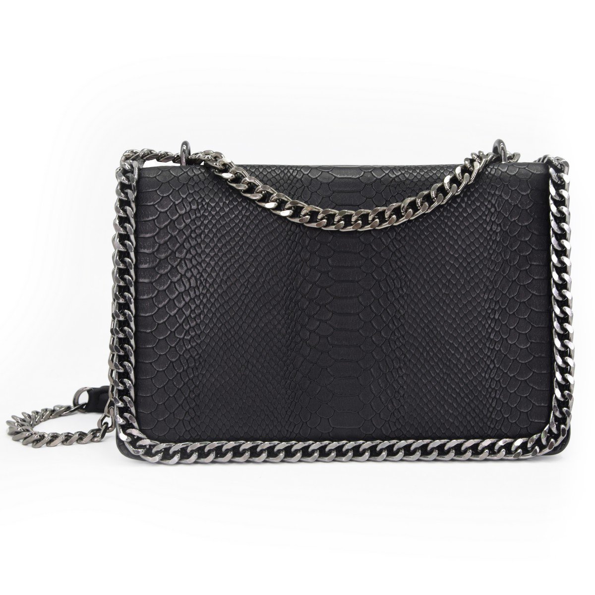 CRAZYCHIC - Damen Kette Umhängetasche - Schlange Leder Gesteppte Klappe Schultertasche - Python Steppmuster Abendtasche Pochette Kettentasche - Frauen Modische Handtasche Trendy Tasche - Schwarz