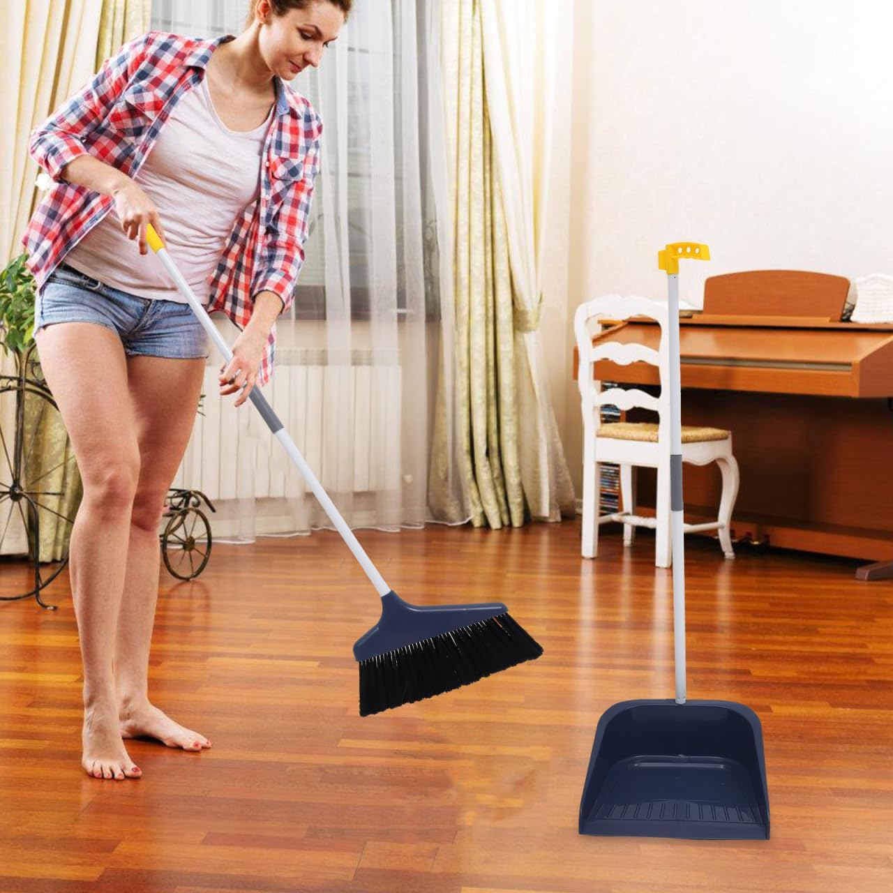 Broom and Dustpan Set with Long Ergonomic Handle Heavy Duty Floor Cleaning Kit for Home Kitchen Tile Hardwood and Carpet Floors Soft Bristle Indoor Sweeper Combo