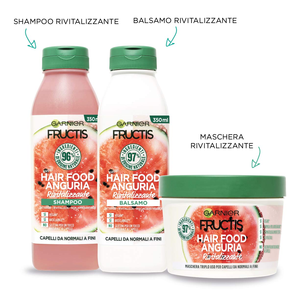 Garnier Fructis Hair Food Routine Cheveux Shampoing Pastèque 350ml + Après-shampoing 350ml + Masque Triple Usage 390ml pour Cheveux Normaux à Fins 98% d'Ingrédients d'Origine Naturelle - Lot de 3